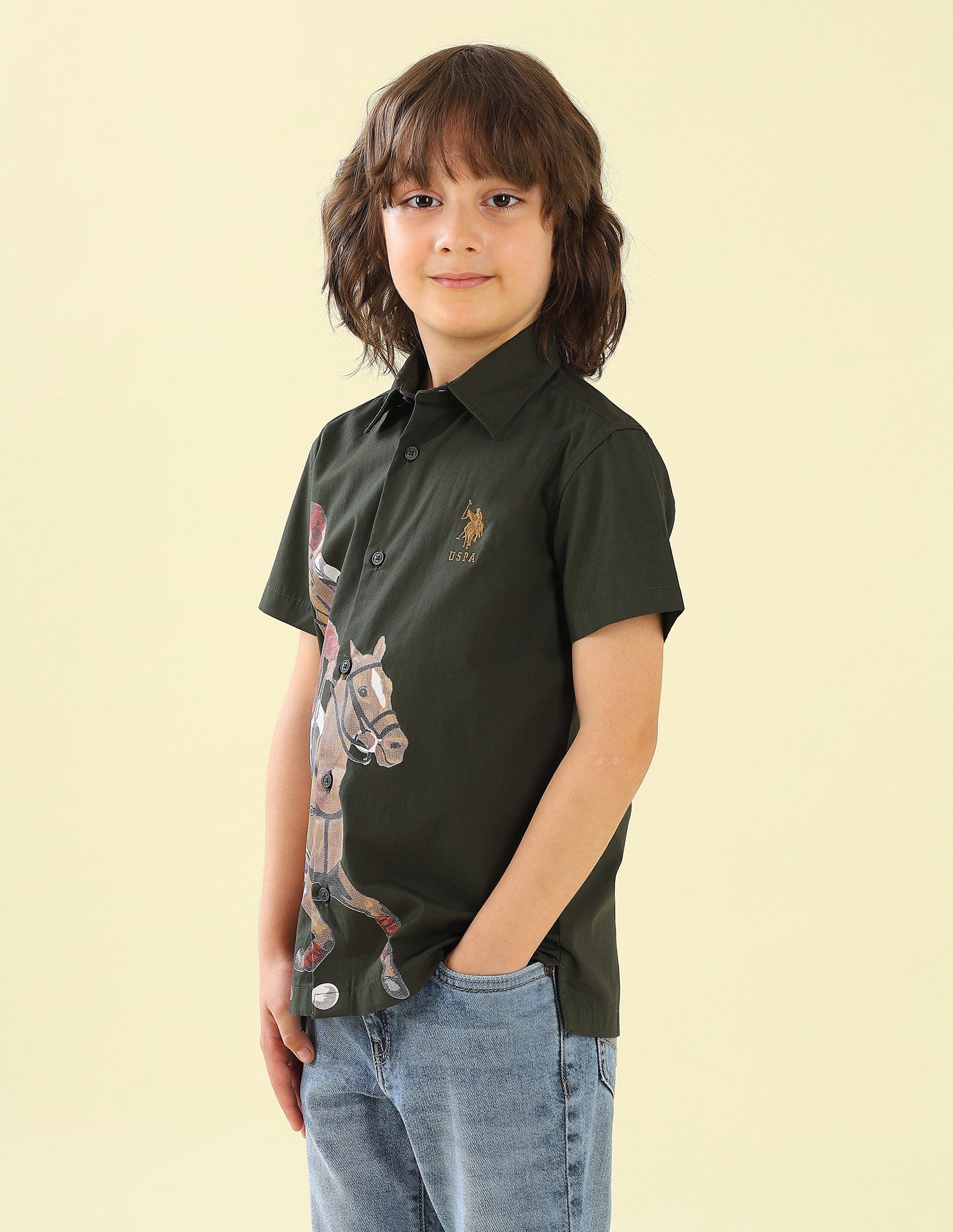 Graphic Brand Printed Regular Fit Shirt Dark Olive - U.S. Polo Assn. India | Large