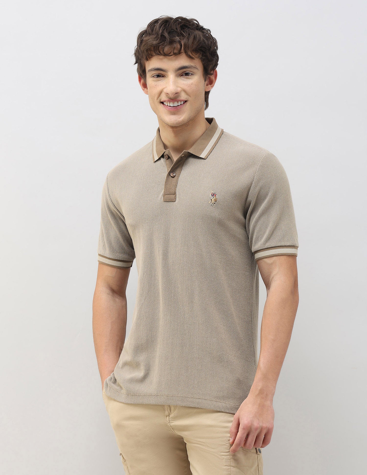 Motel On The Coast Textured Polo Shirt Beige - U.S. Polo Assn. India | Large