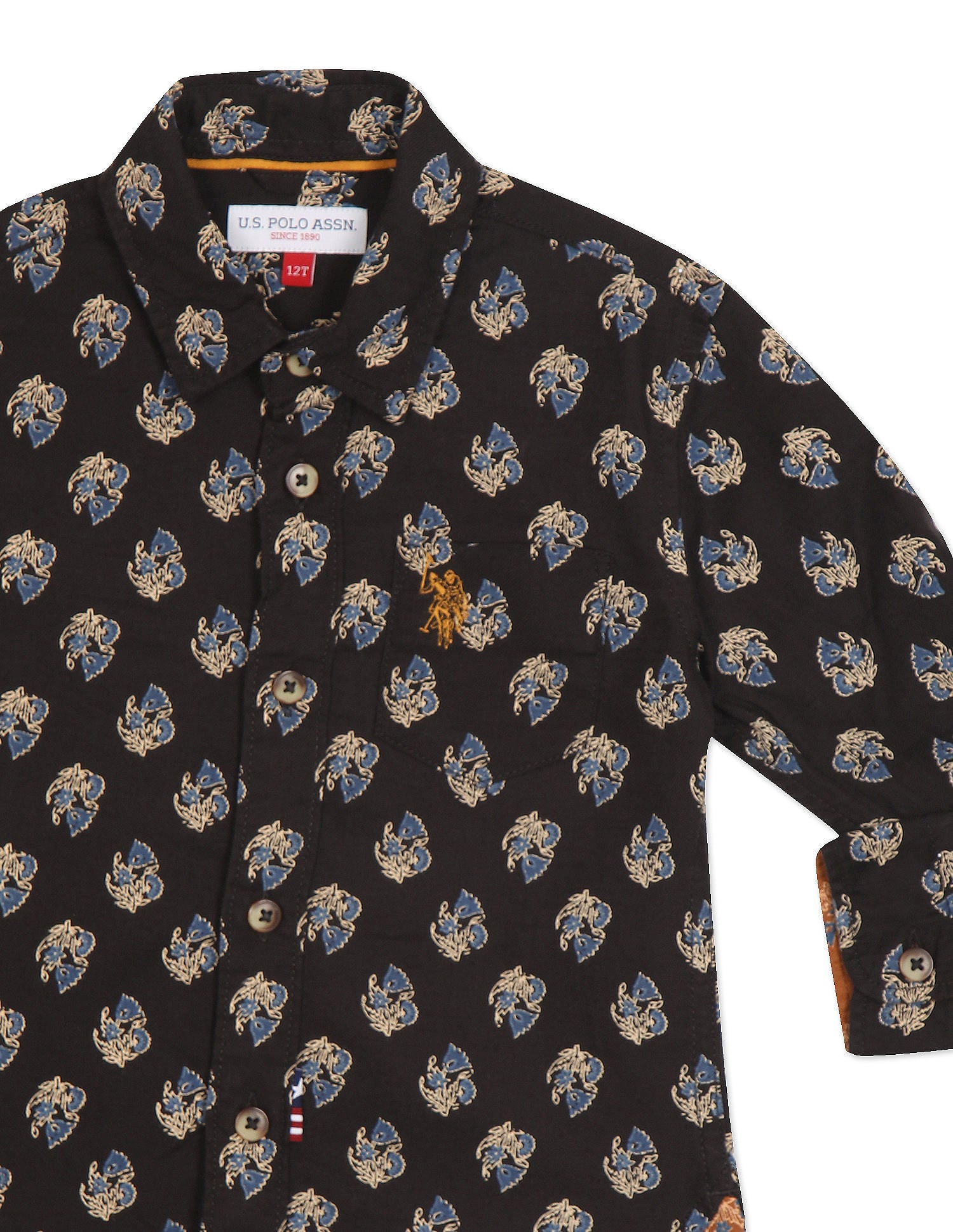 Boys Brown Spread Collar Printed Shirt Brown - U.S. Polo Assn. India | Large