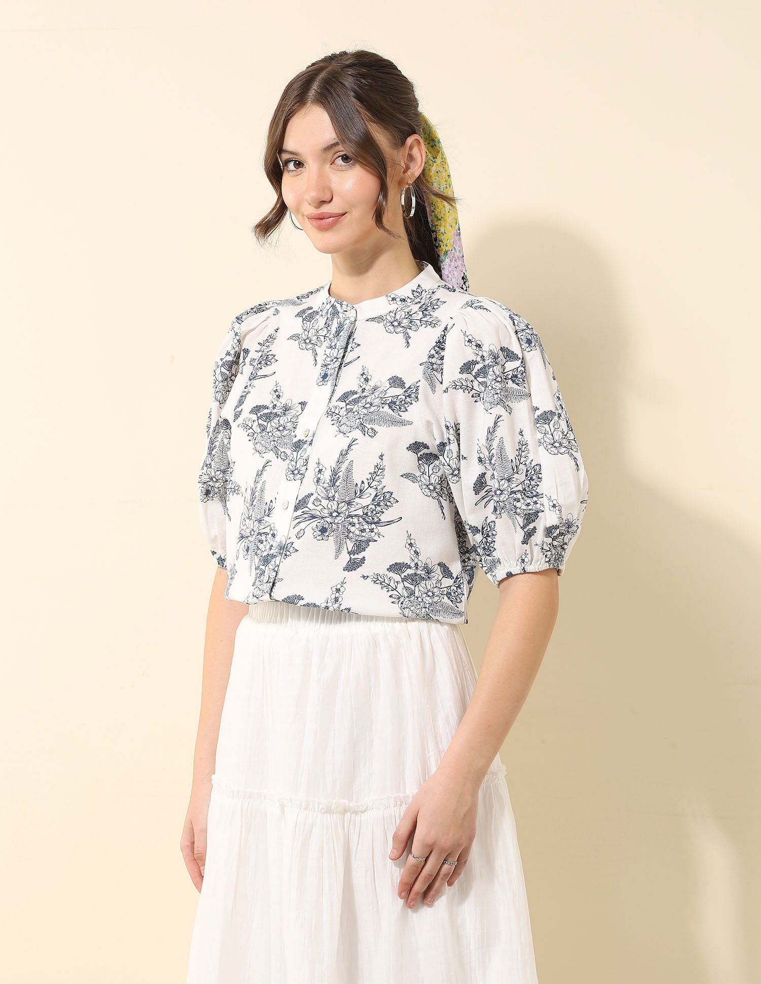 Floral Printed Chiffon Shirt Off White - U.S. Polo Assn. India | Large