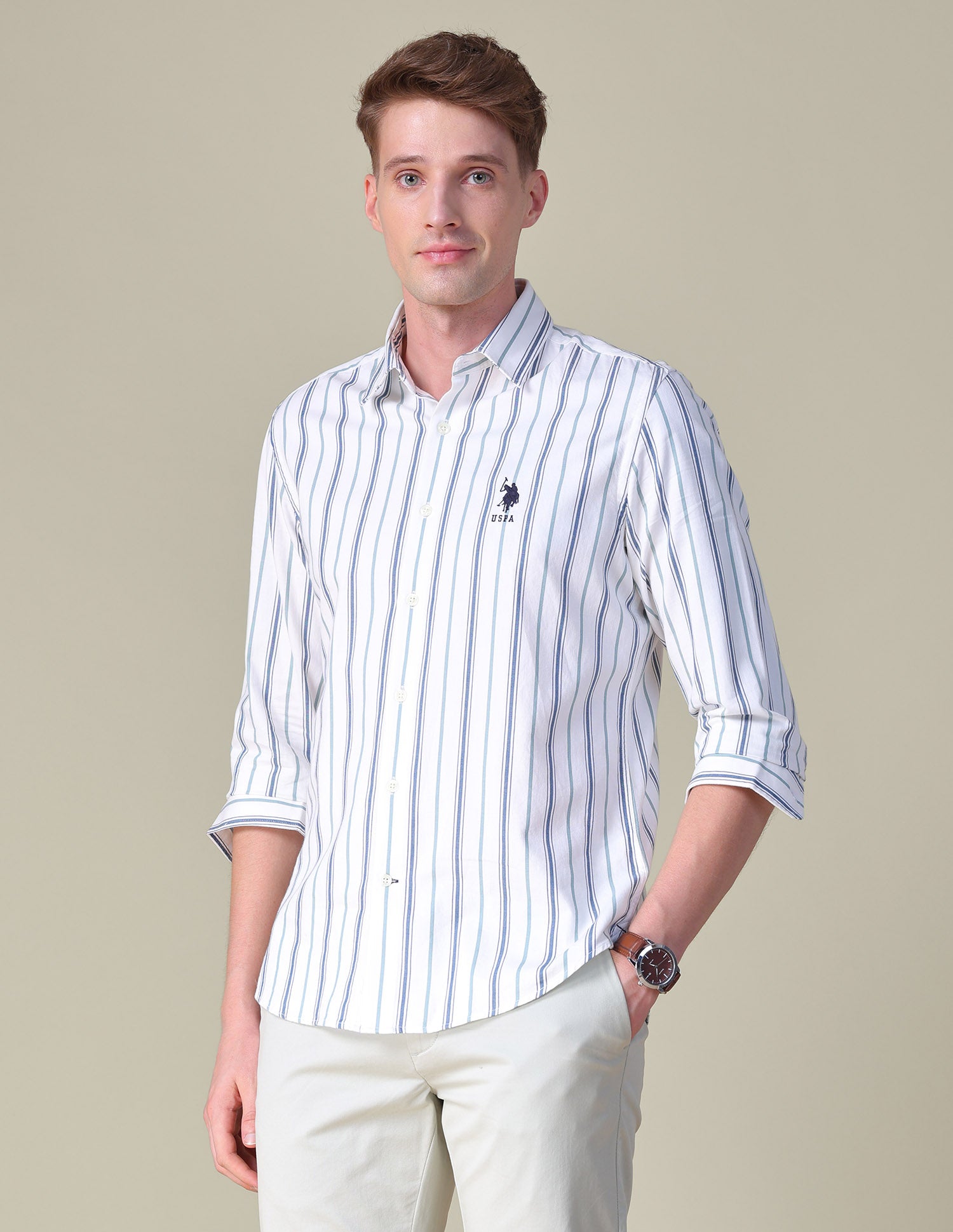 Vertical Striped Twill Shirt Off White - U.S. POLO ASSN. | Large