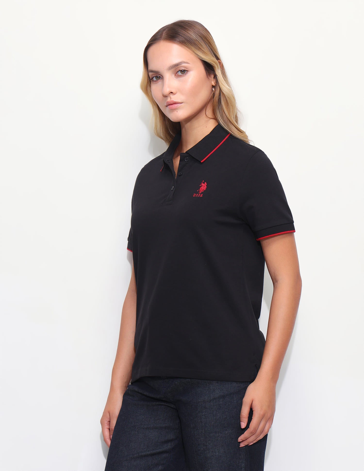 Solid Tipped Collar Regular Fit Polo Shirt Black - U.S. Polo Assn. India | Large