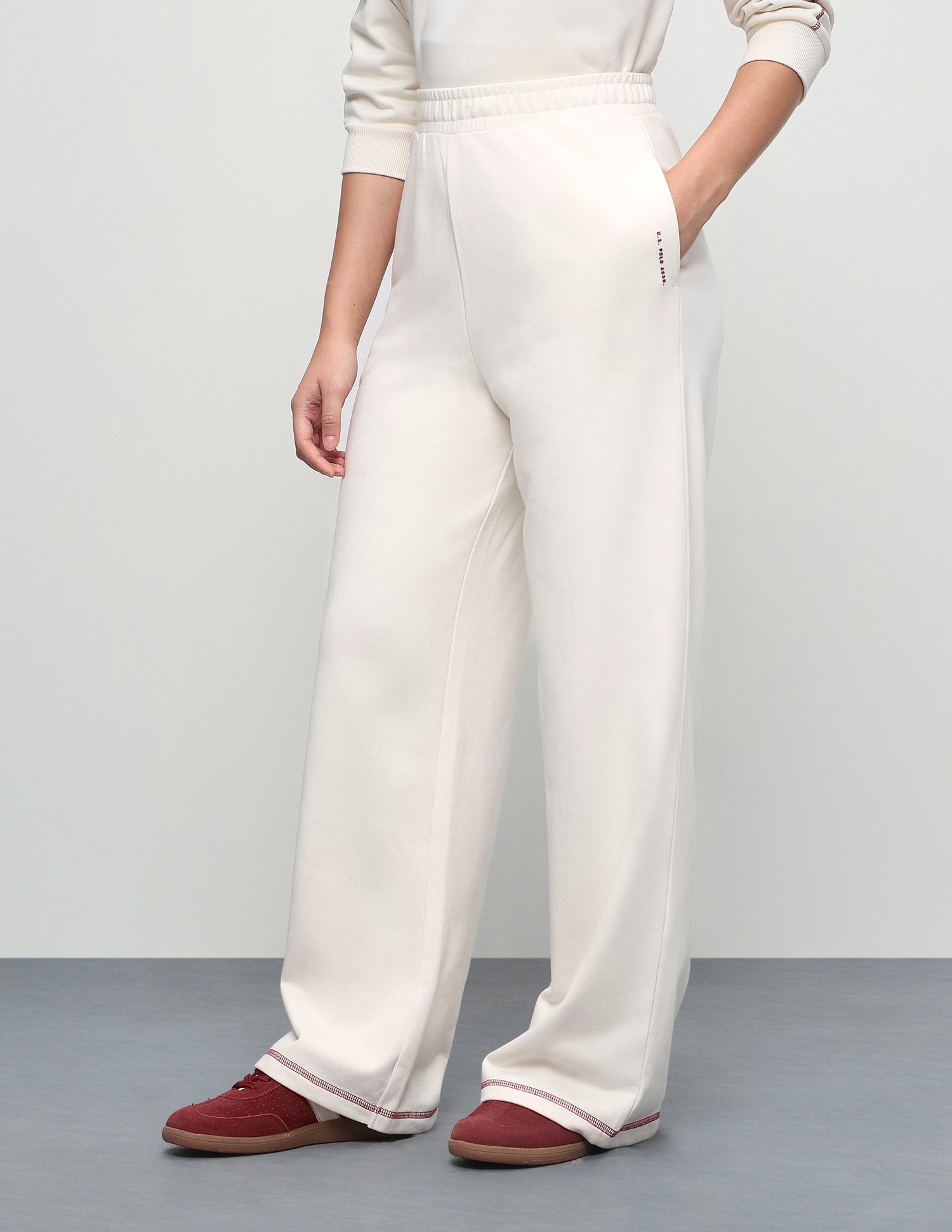 High Rise Wide Leg Knit Trousers Ecru - U.S. Polo Assn. India | Large