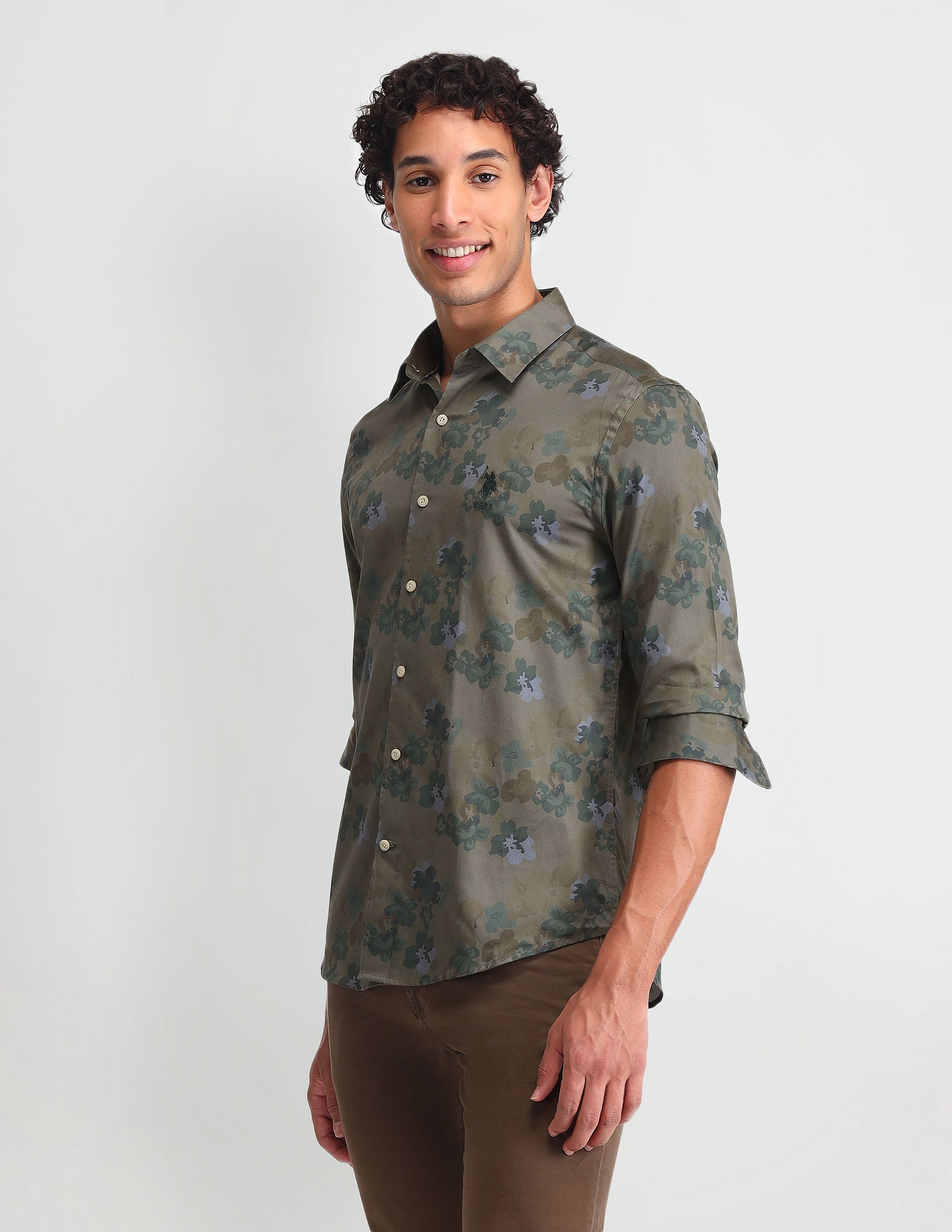 Floral Printed Regular Fit Shirt Olive - U.S. POLO ASSN. | Large