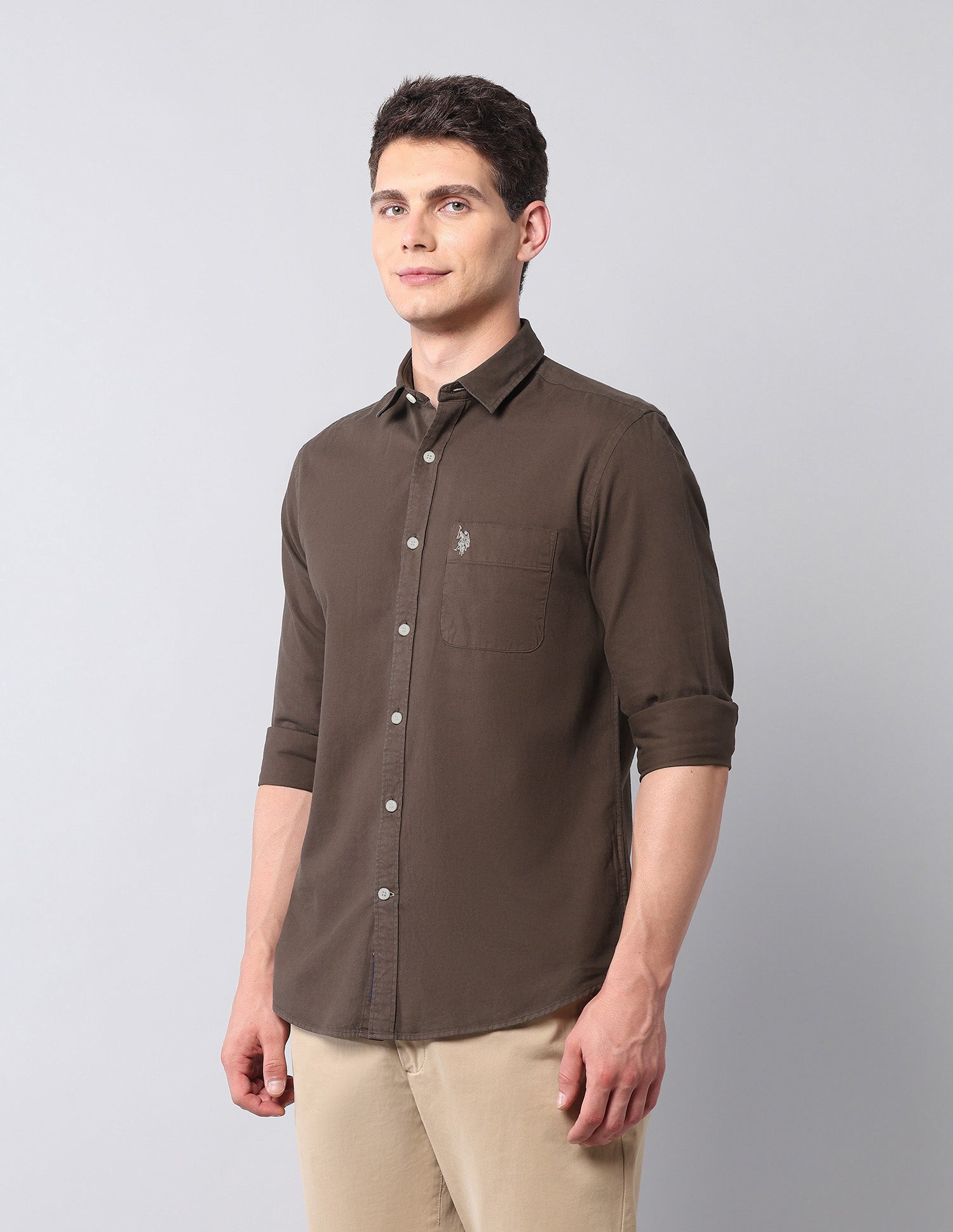Slim Fit Pure Cotton Twill Shirt Brown - U.S. POLO ASSN. | Large