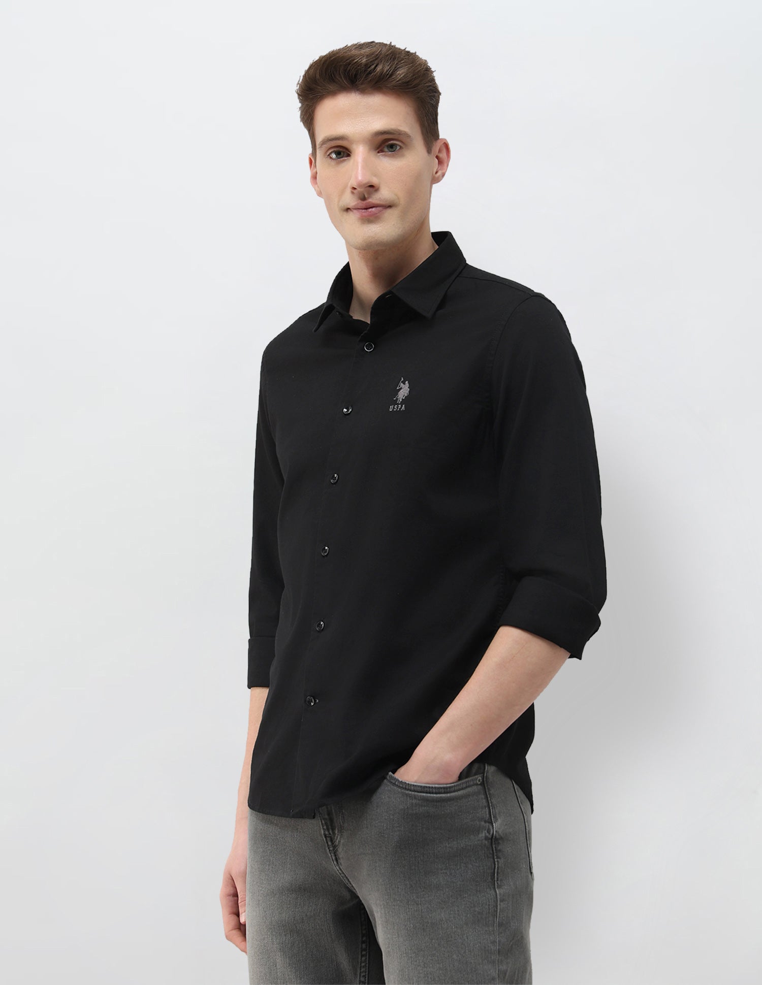 Solid Summer House Regular Fit Shirt Black - U.S. Polo Assn. India | Large