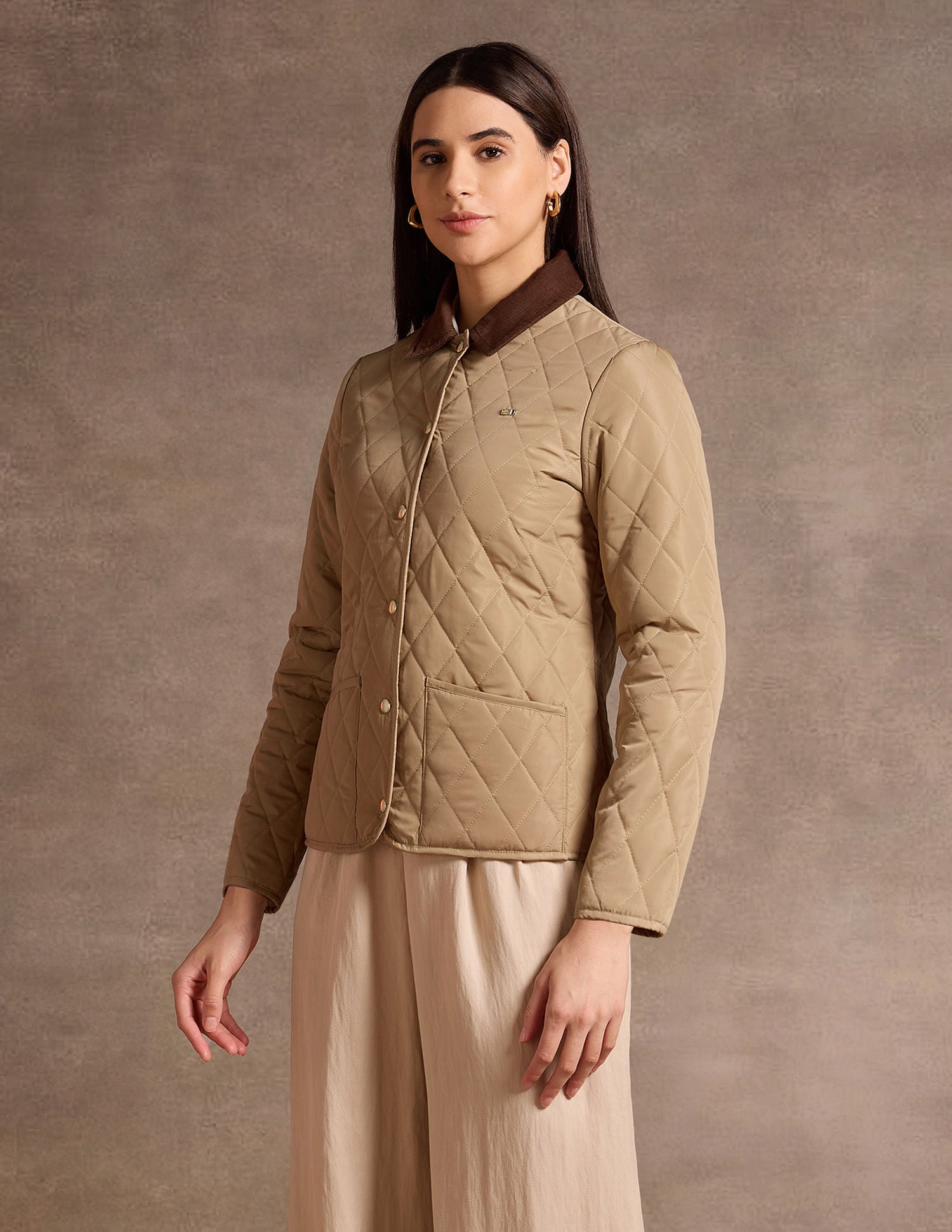 Contrast Collar Puffer Jacket Beige - U.S. POLO ASSN. | Large