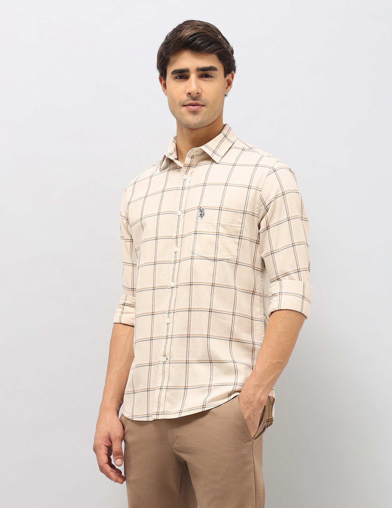 Windowpane Checked Pure Cotton Shirt Beige - U.S. Polo Assn. India | Large