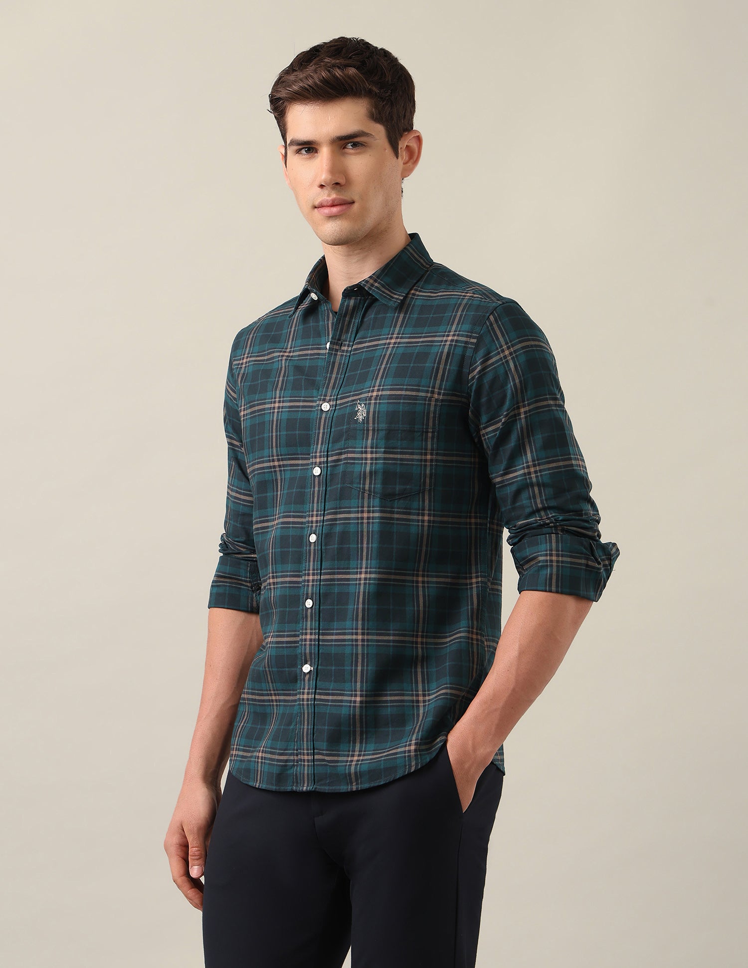 Tailored Fit Tartan Checked Shirt Teal - U.S. Polo Assn. India | Large