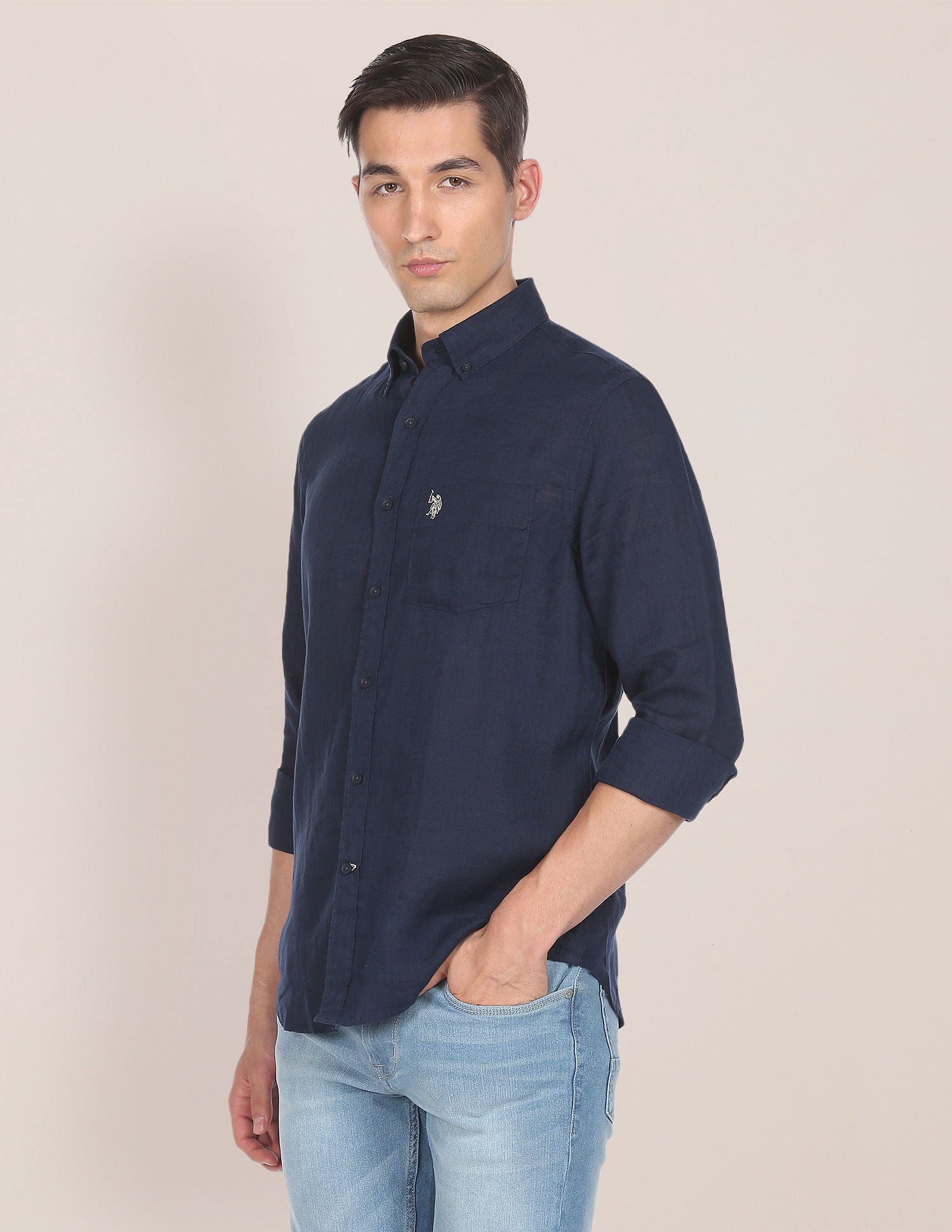 Solid Linen Casual Shirt Navy - U.S. Polo Assn. India | Large