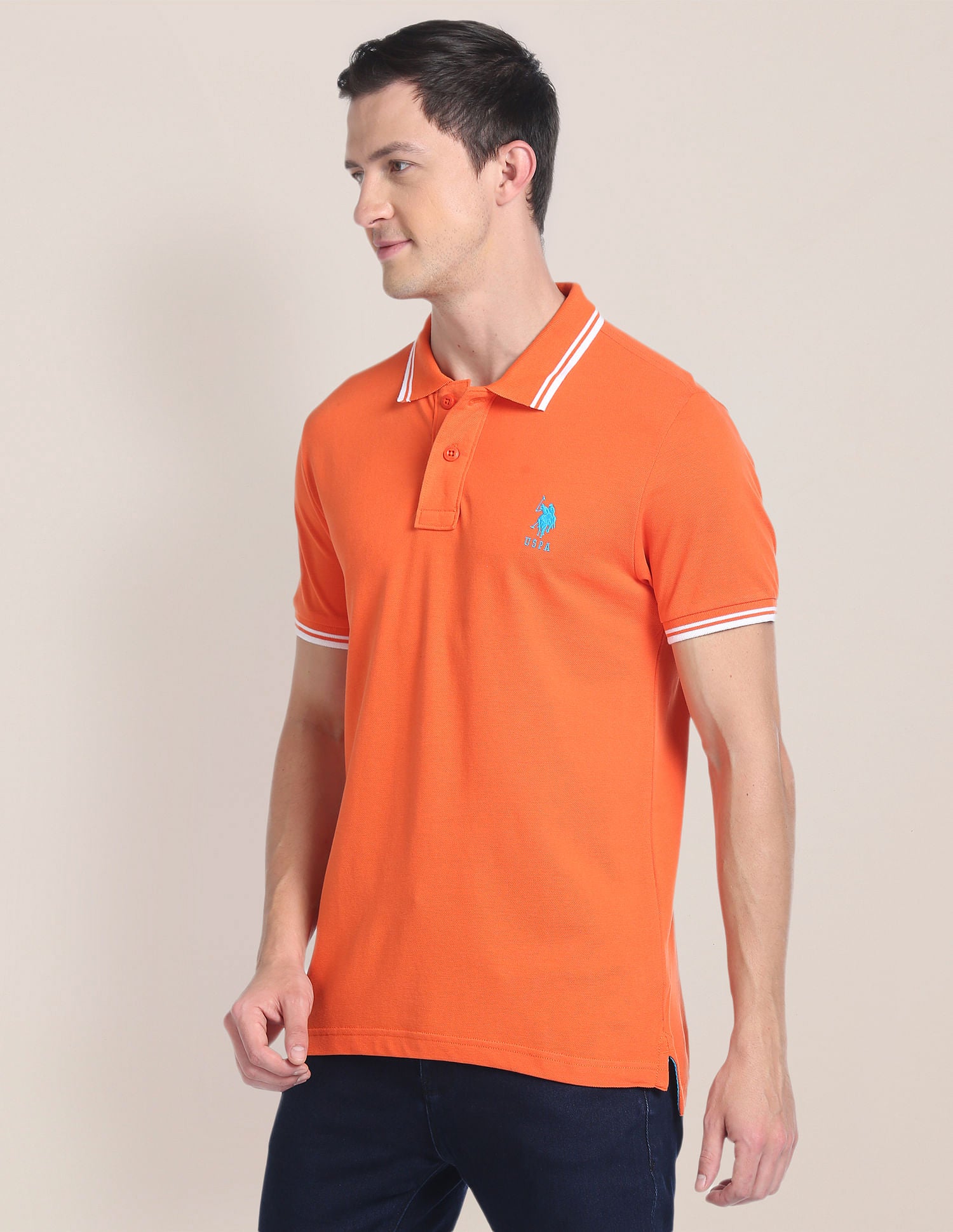 Striped Collar Pique Polo Shirt Orange - U.S. Polo Assn. India | Large