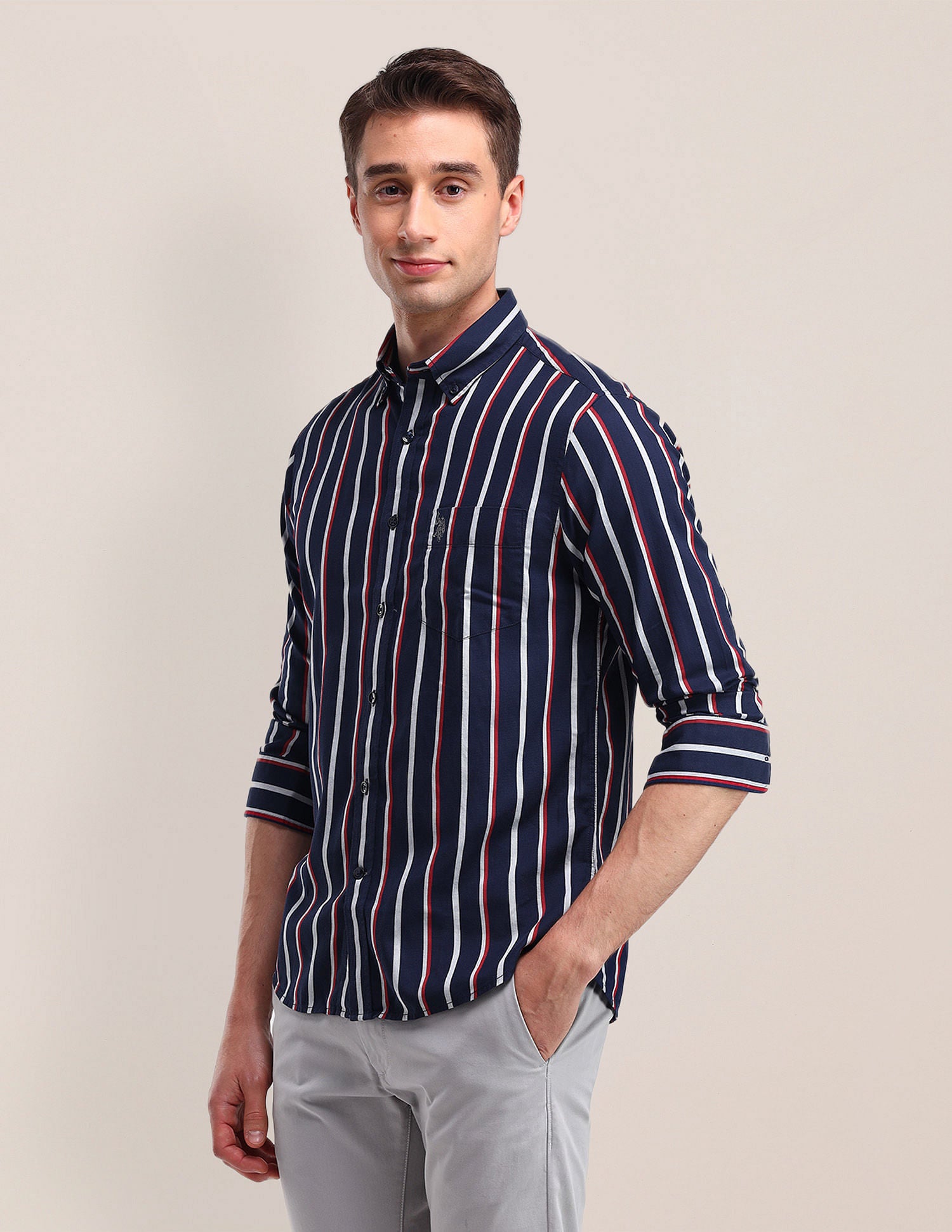 Tailored Fit Cotton Striped Shirt Blue - U.S. Polo Assn. India | Large