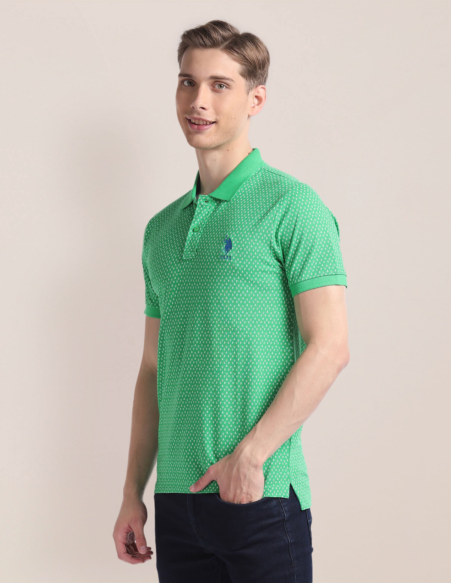 Typography Print Slim Fit Polo Shirt Green - U.S. Polo Assn. India | Large