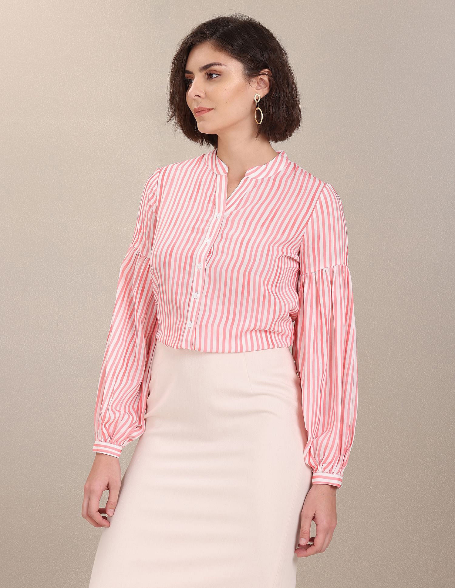 Mandarin Collar Vertical Striped Evening Top White and Pink - U.S. POLO ASSN. | Large