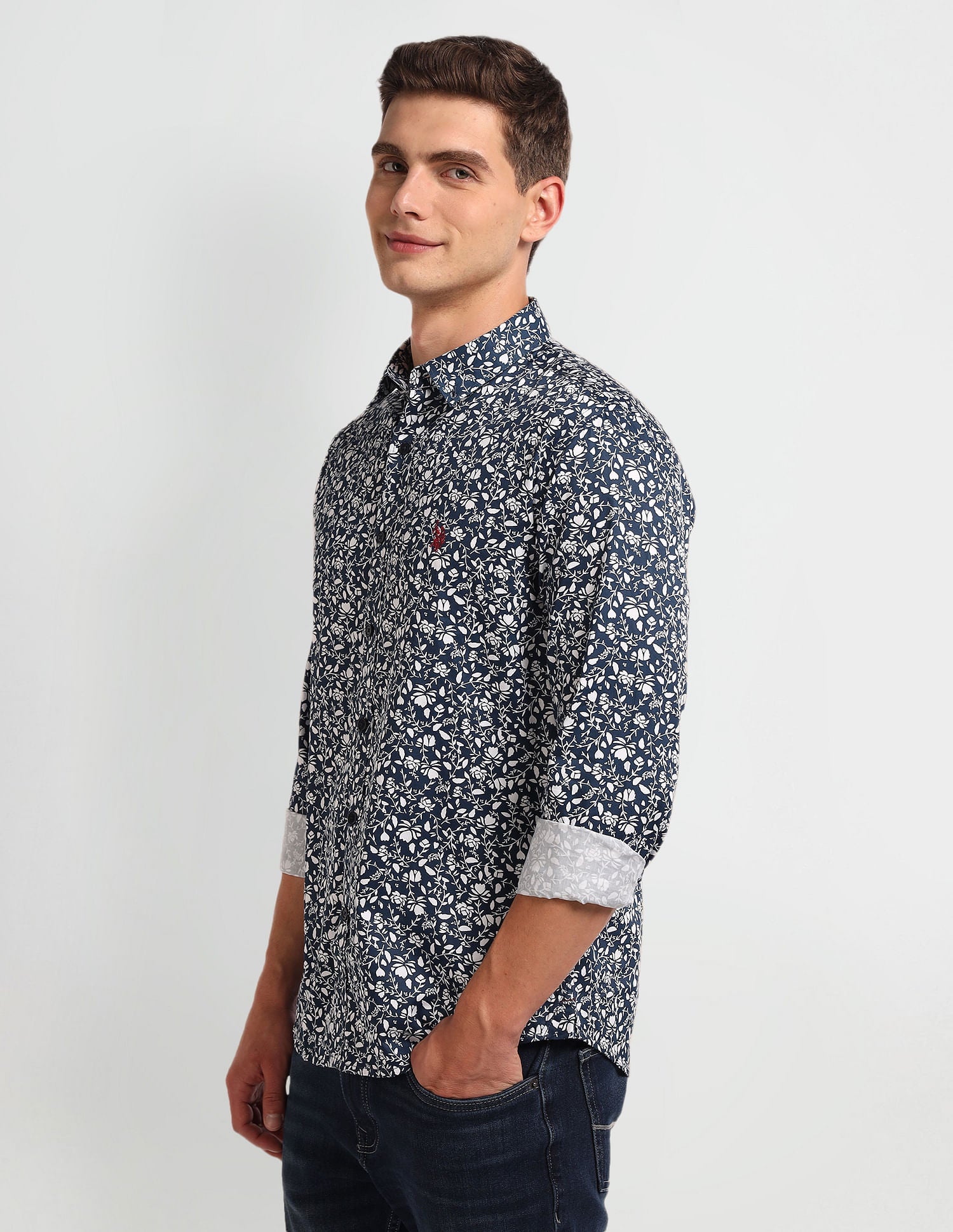 Floral Print Slim Fit Shirt Navy - U.S. Polo Assn. India | Large