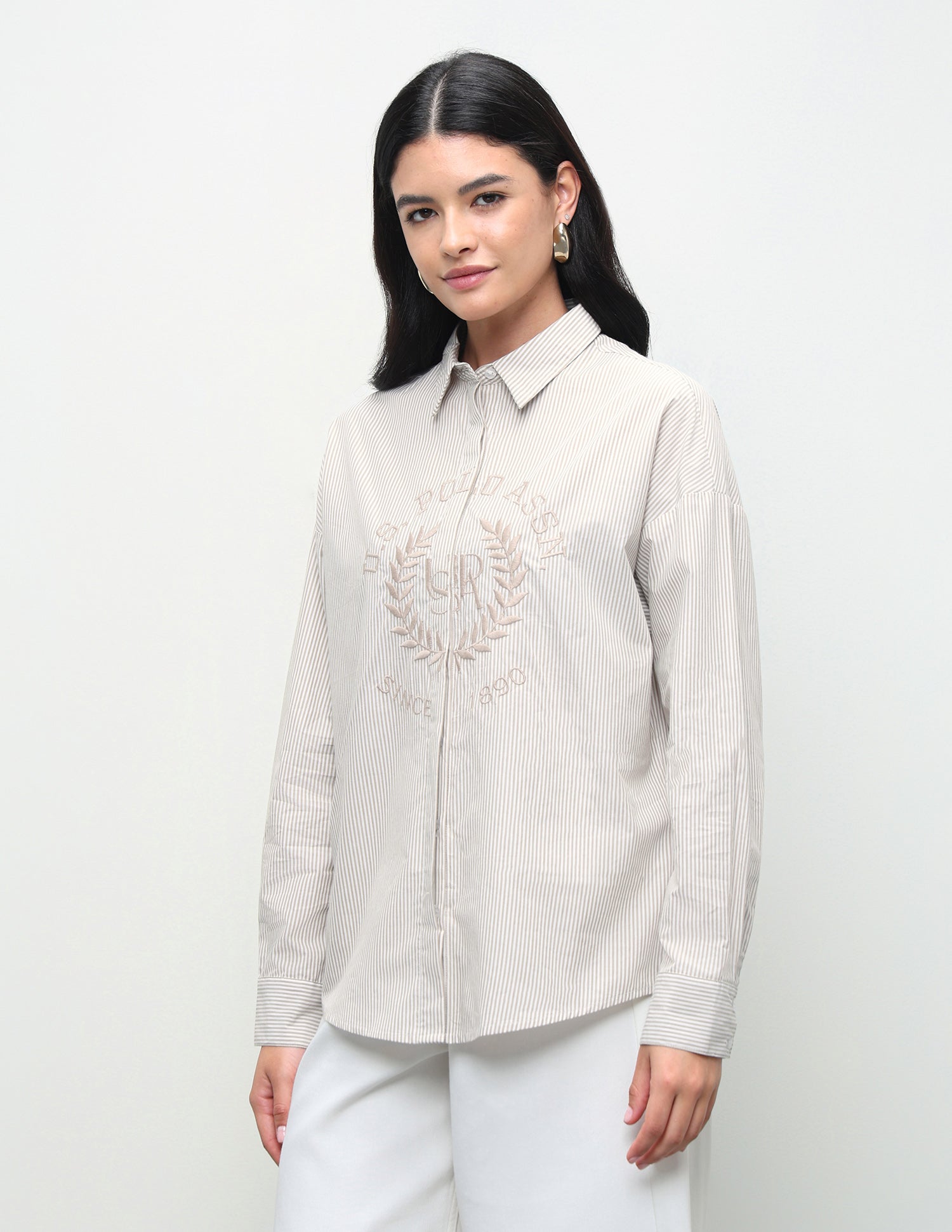 Vertical Striped Embroidered Oversized Fit Shirt Beige - U.S. Polo Assn. India | Large