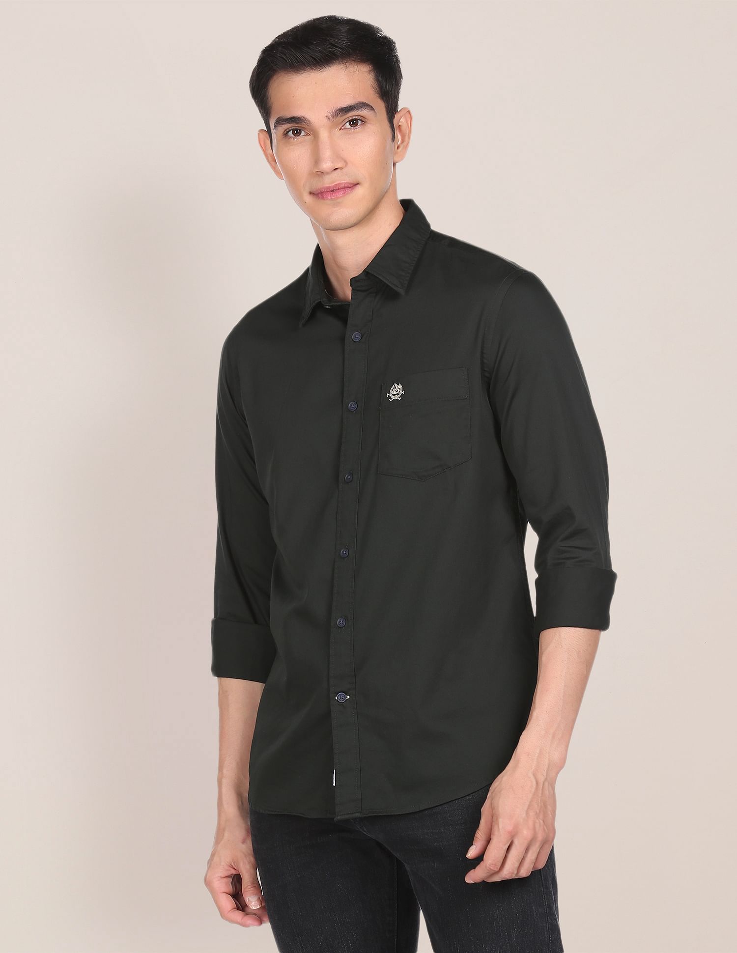 Tailored Regular Fit Solid Casual Shirt Dark Green - U.S. Polo Assn. India | Large