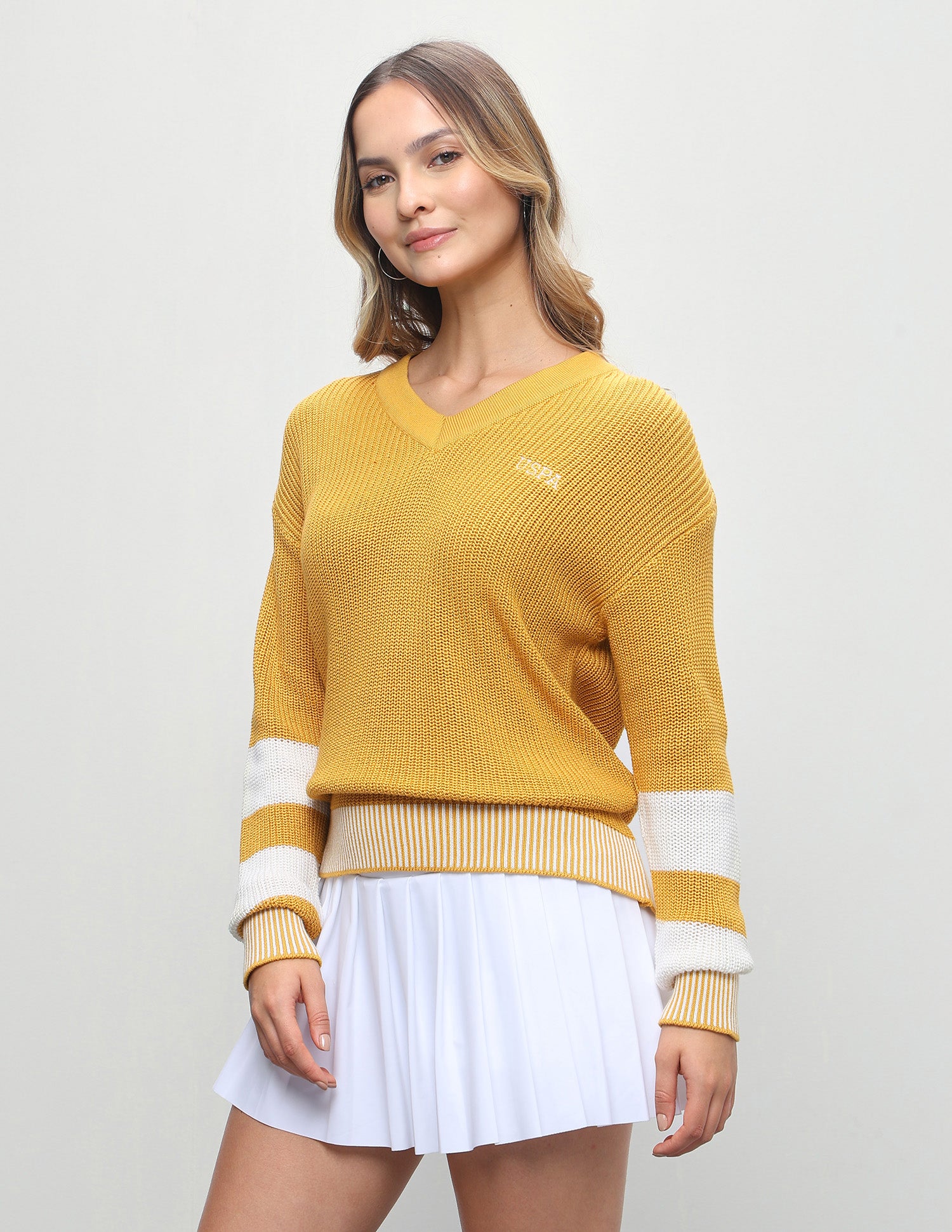 Vertical Striped Patterned Knit Regular Fit Sweater Mustard - U.S. Polo Assn. India | Large