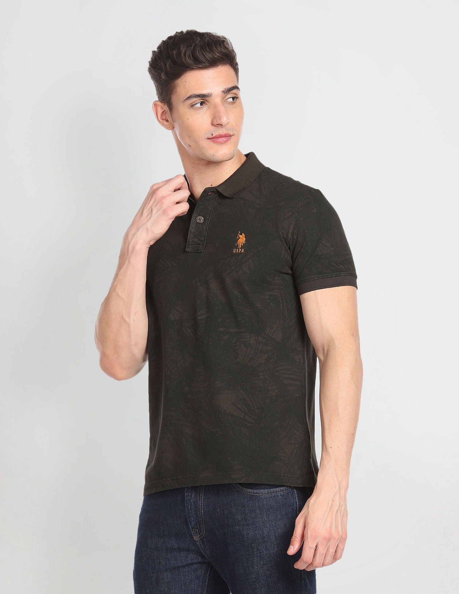 Cotton Abstract Print Polo Shirt Dark Olive - U.S. POLO ASSN. | Large