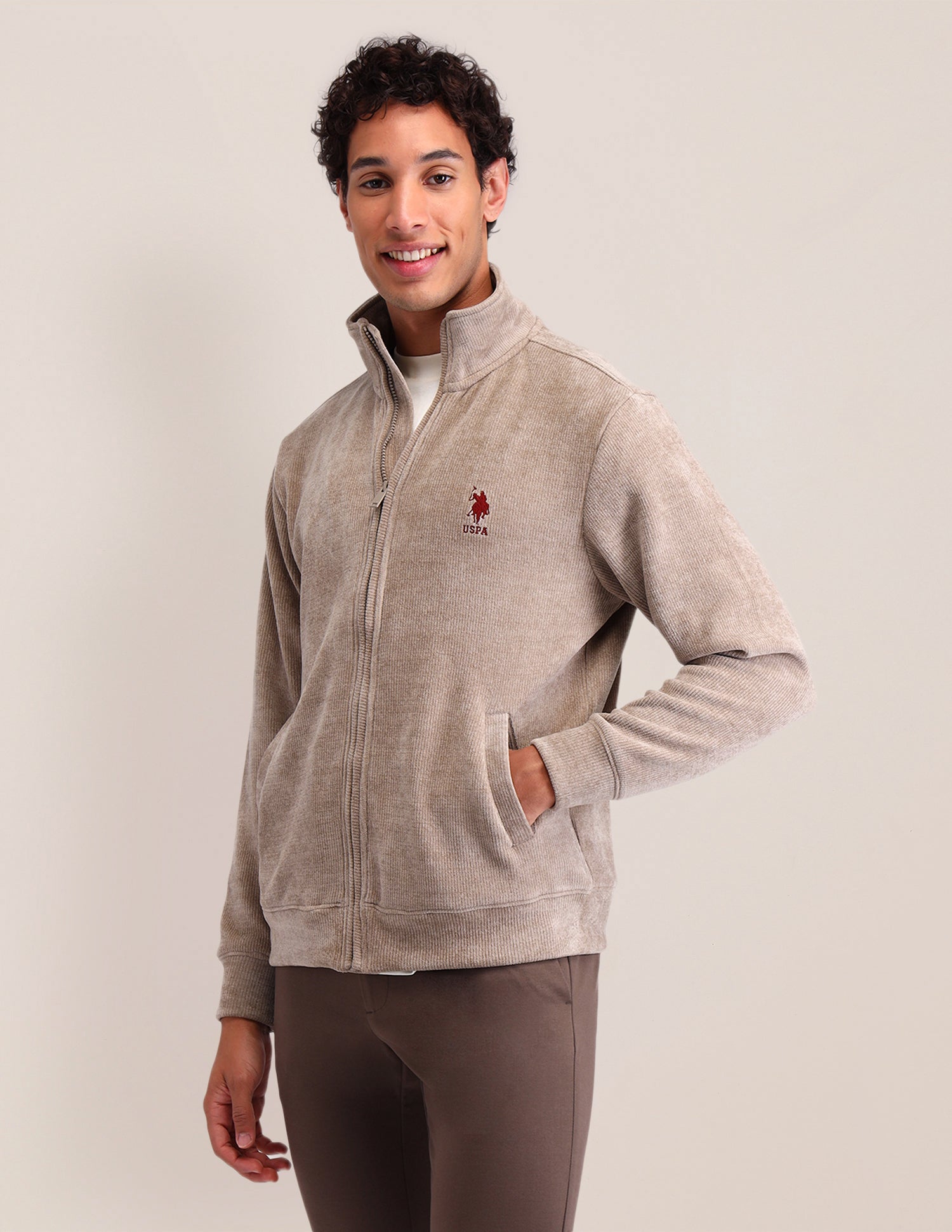 Textured Regular Fit Sweatshirt Light Brown - U.S. POLO ASSN. | Large