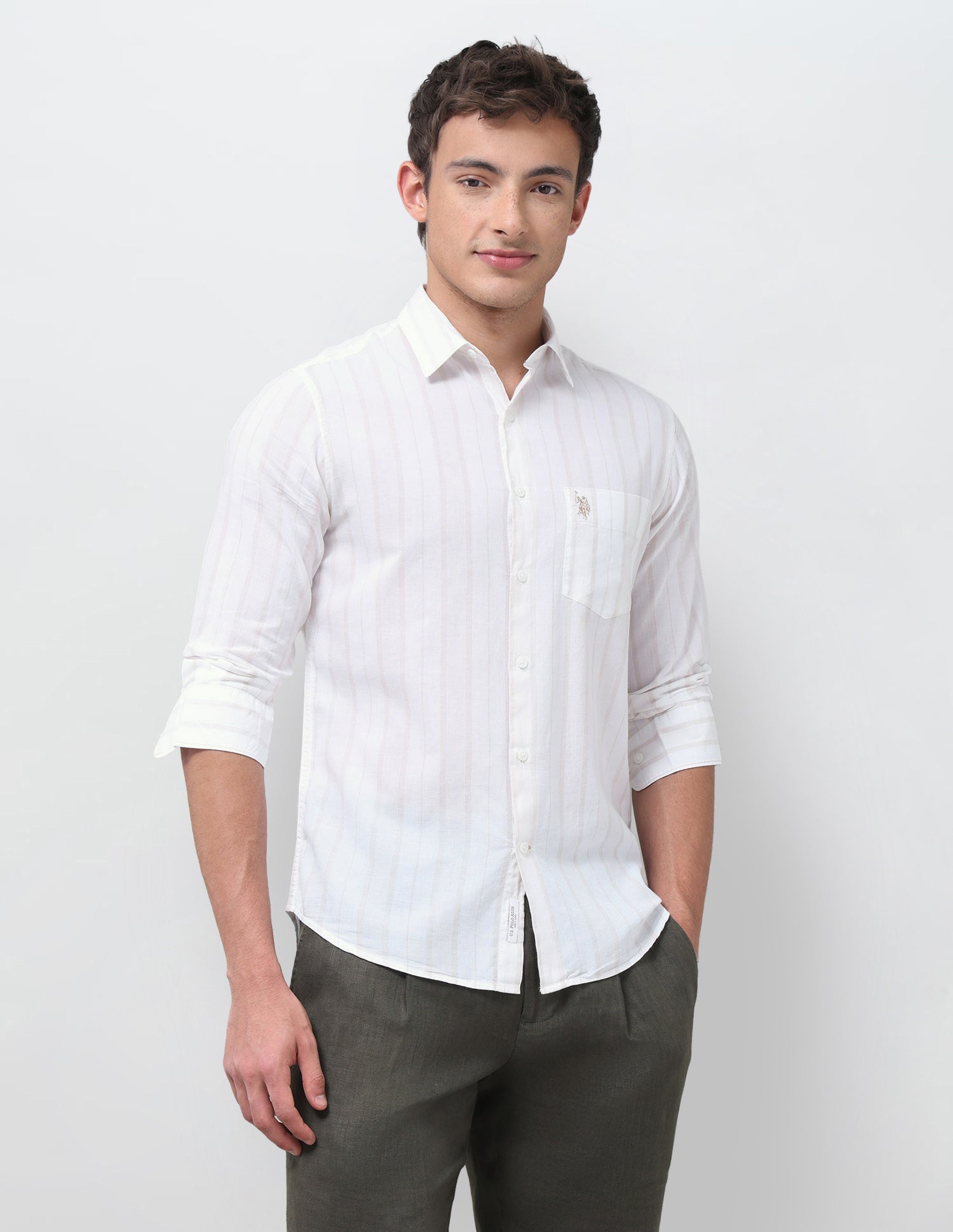 Vertical Striped Regular Fit Shirt Beige - U.S. Polo Assn. India | Large