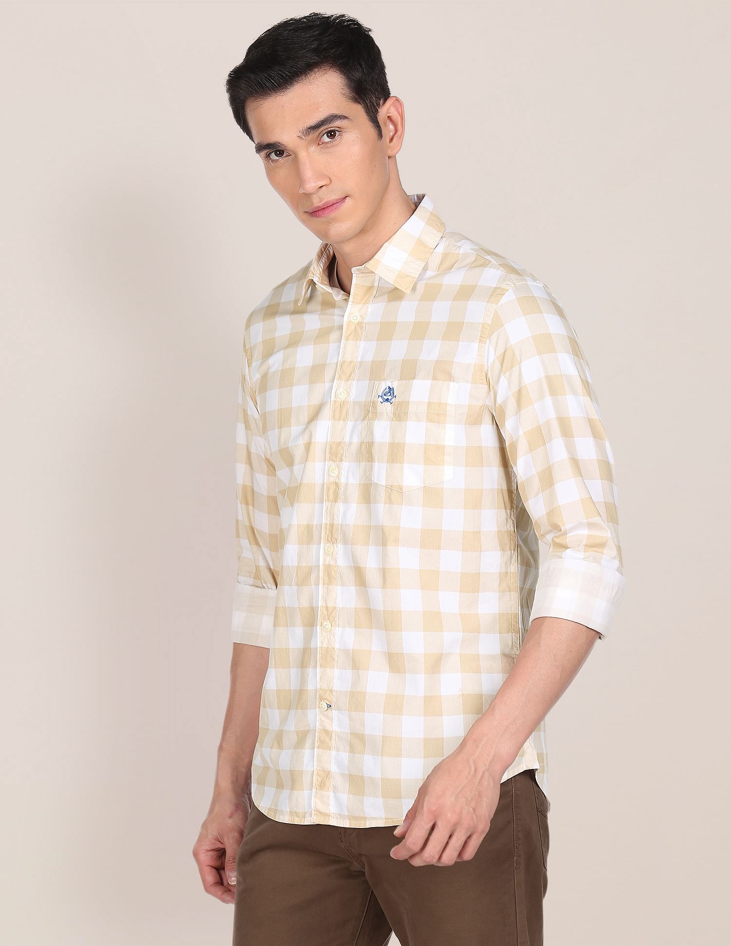 Men Beige And White Premium Cotton Check Casual Shirt Beige and White - U.S. POLO ASSN. | Large