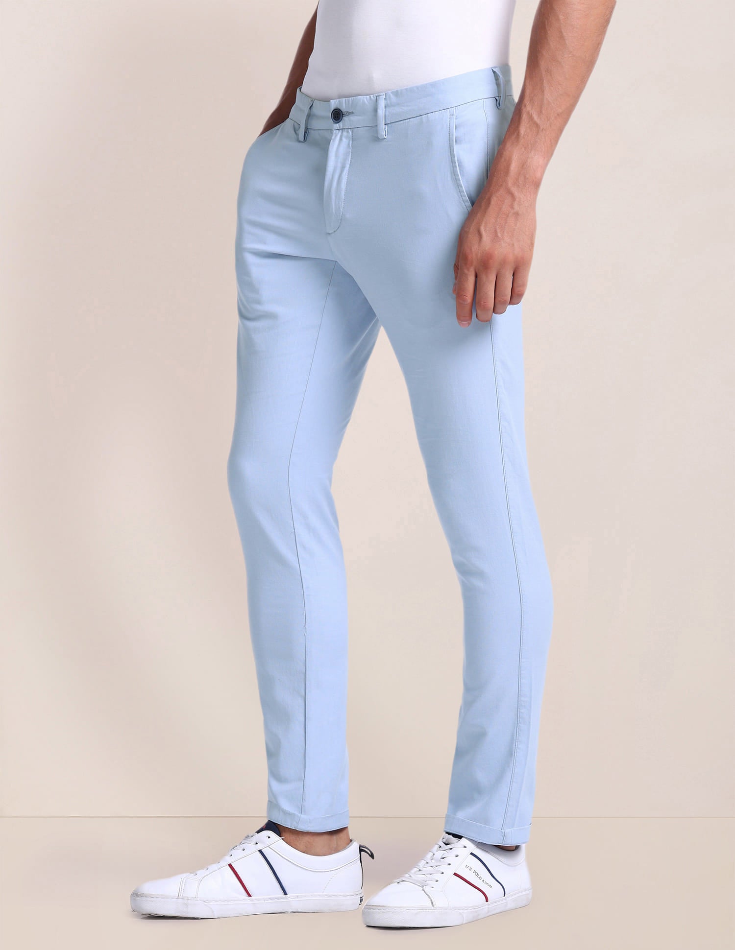Slim Straight Fit Dobby Trousers Light Blue - U.S. Polo Assn. India | Large
