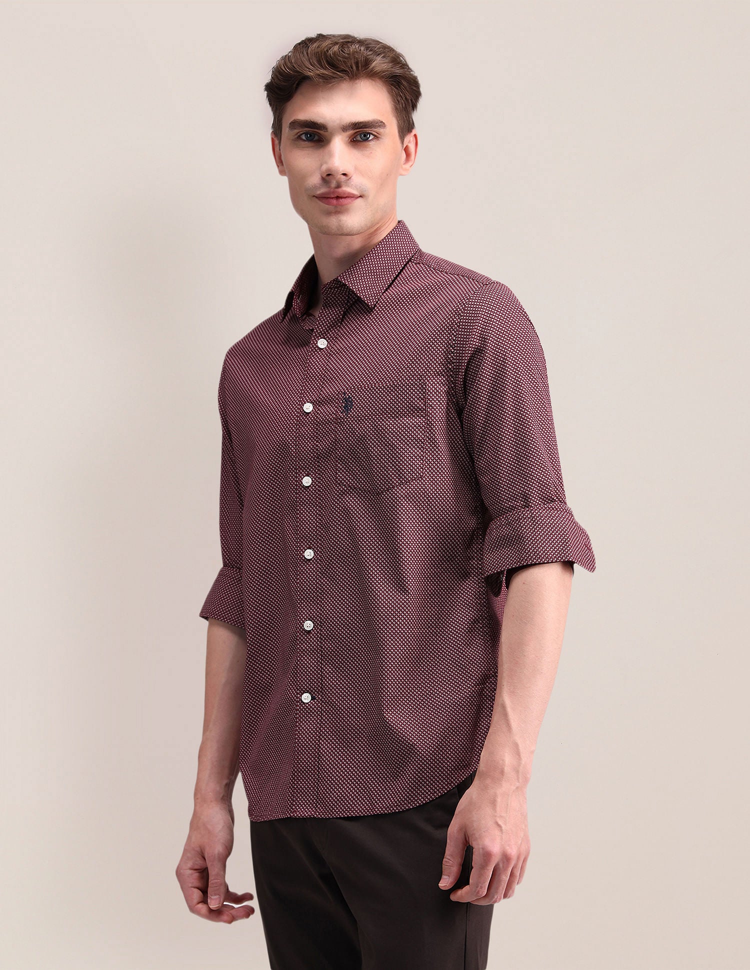 Geometric Print Pure Cotton Shirt Maroon - U.S. Polo Assn. India | Large