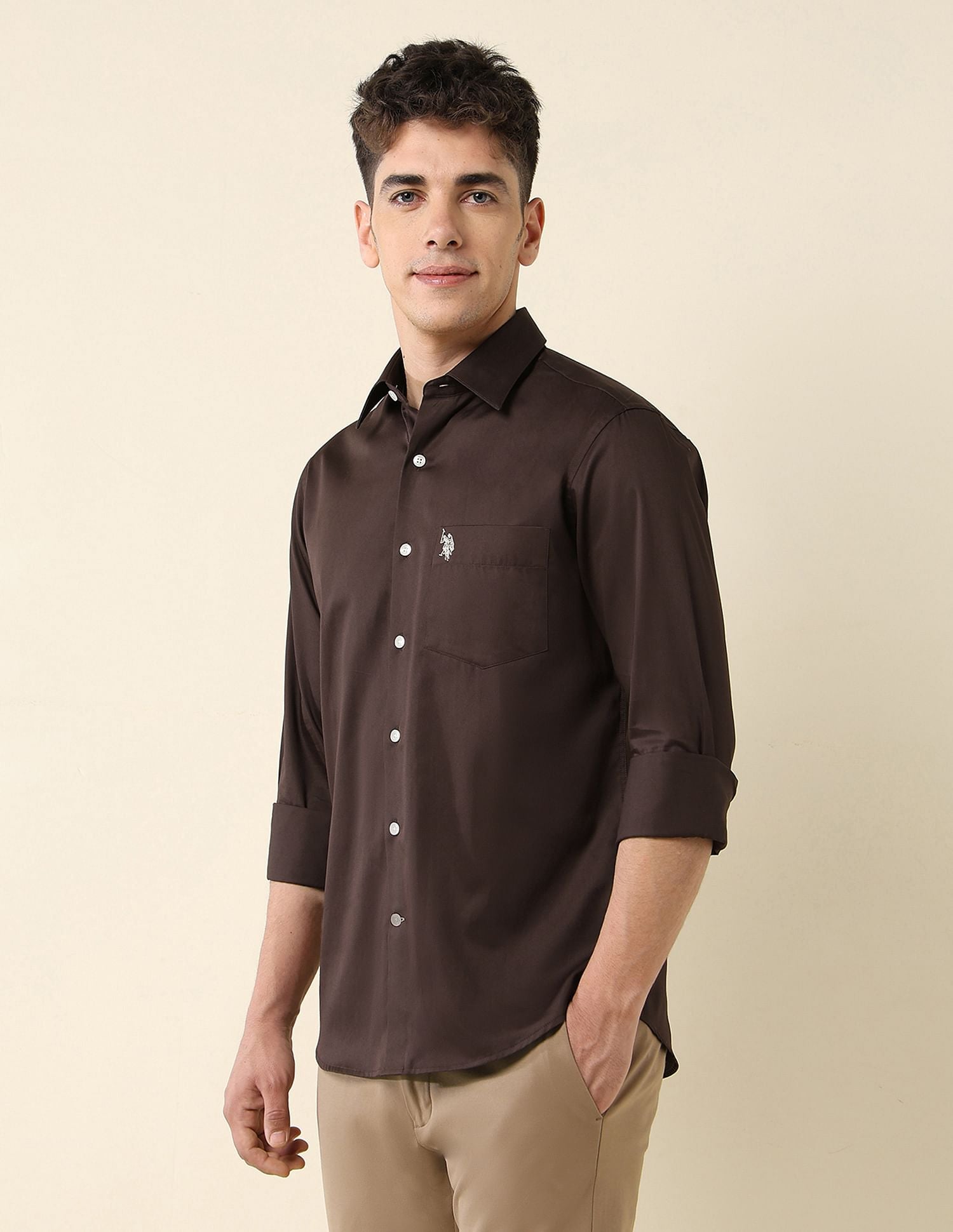 Tailored Fit Satin Shirt Brown - U.S. Polo Assn. India | Large