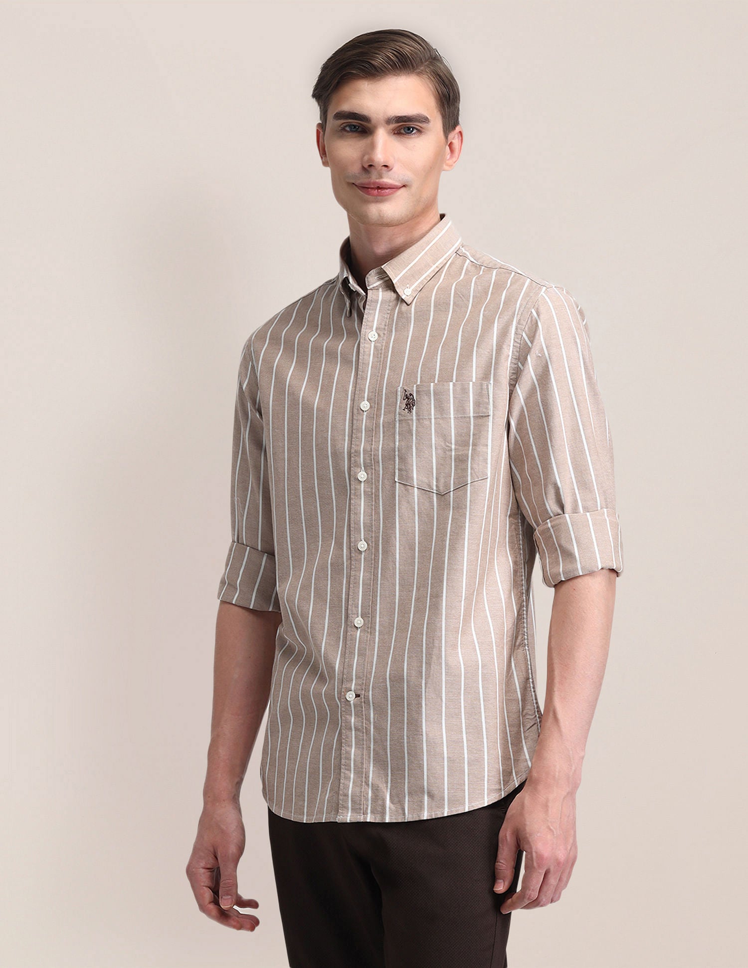 Tailored Fit Cotton Striped Shirt Brown - U.S. POLO ASSN. | Large