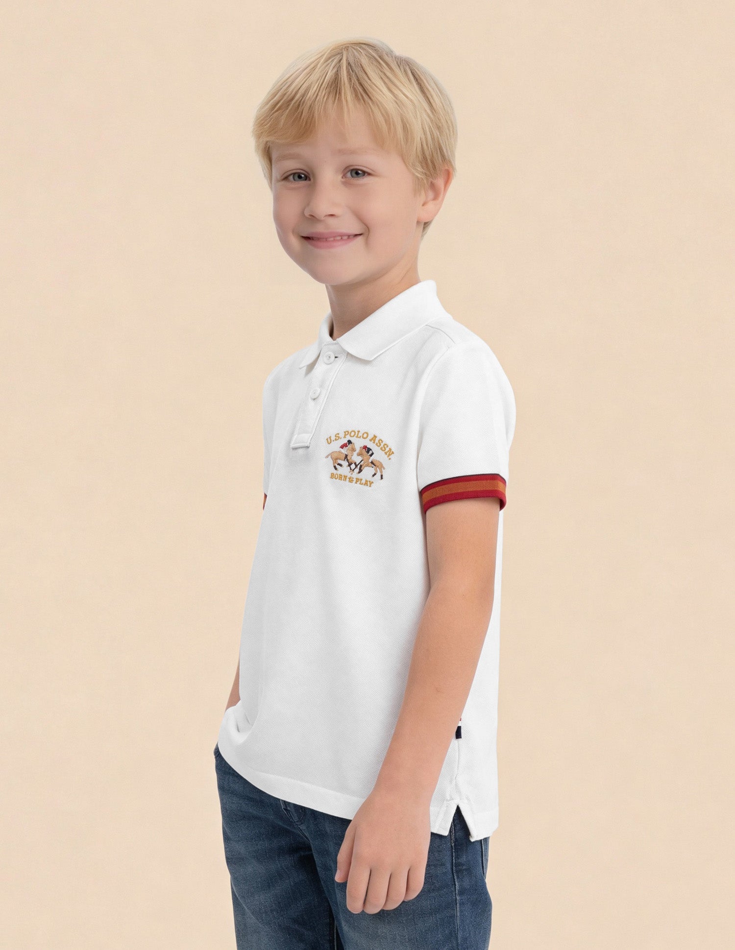 Boys Solid Regular Fit Polo Shirt Off White - U.S. Polo Assn. India | Large
