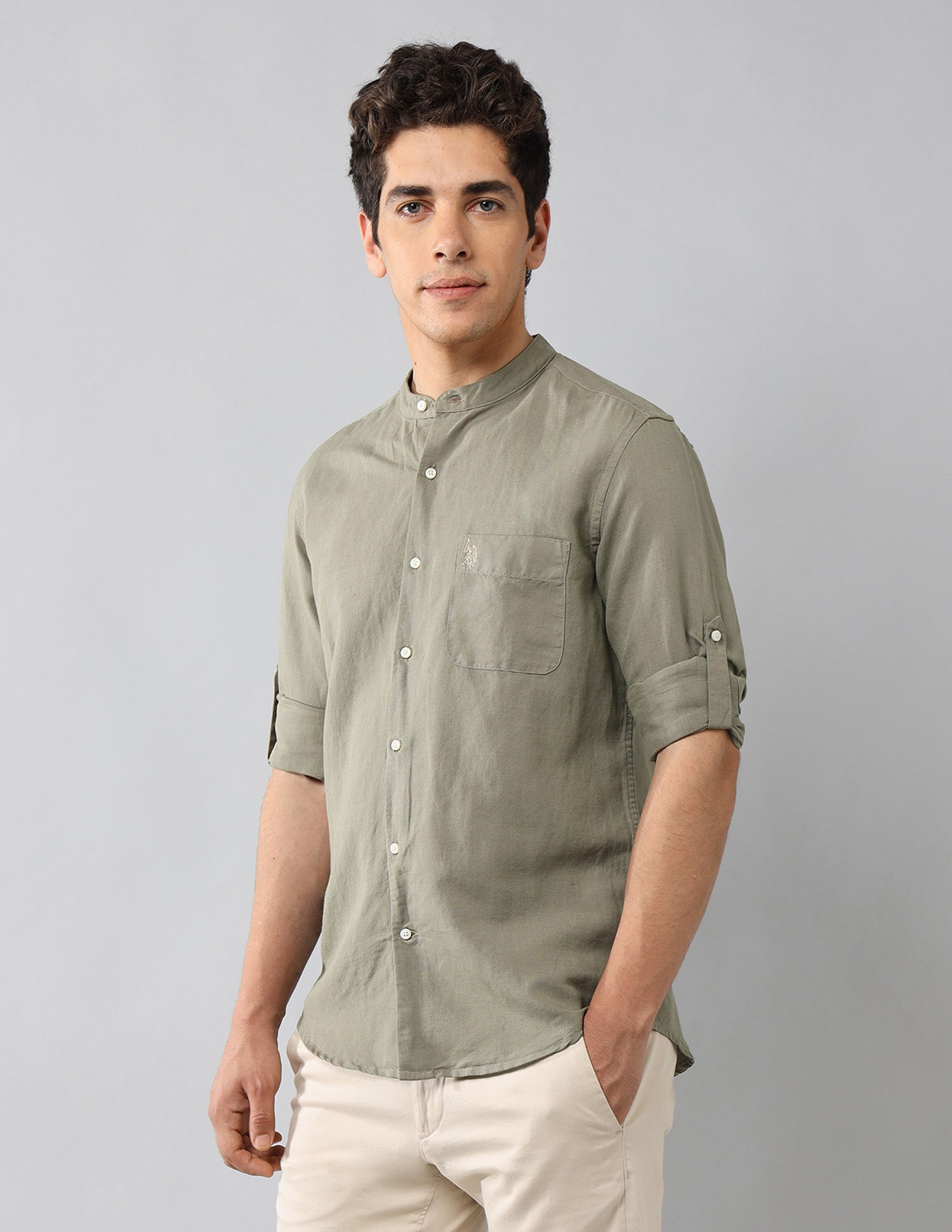 Solid Mandarin Collar Shirt Olive - U.S. Polo Assn. India | Large