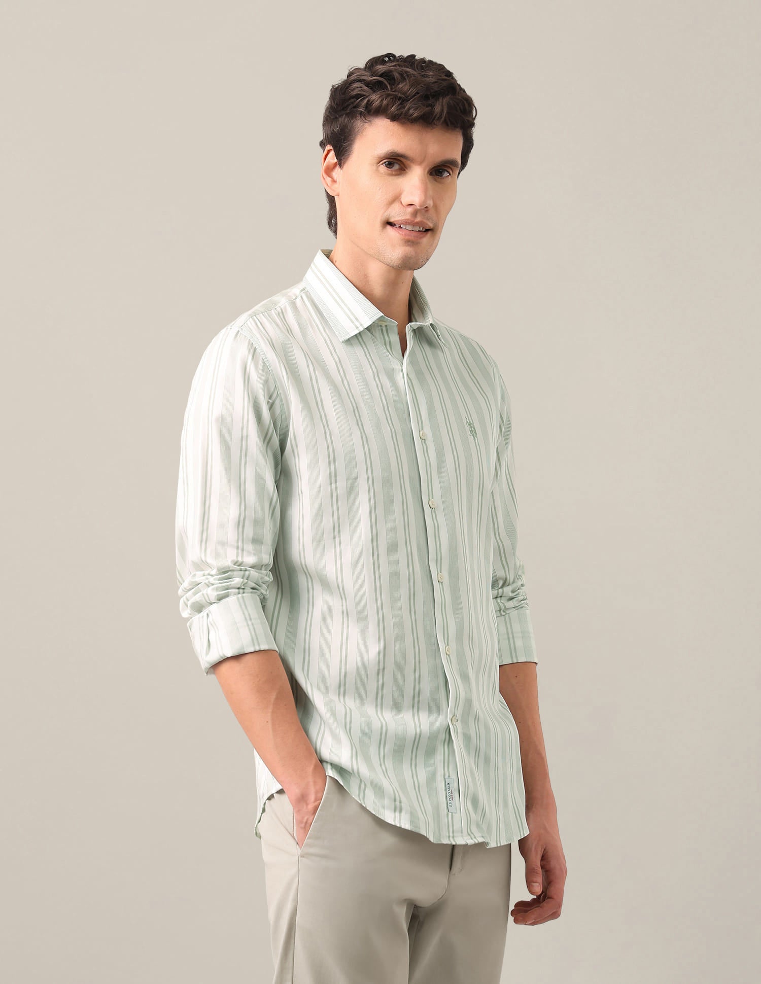 Vertical Striped Satin Shirt Green - U.S. Polo Assn. India | Large