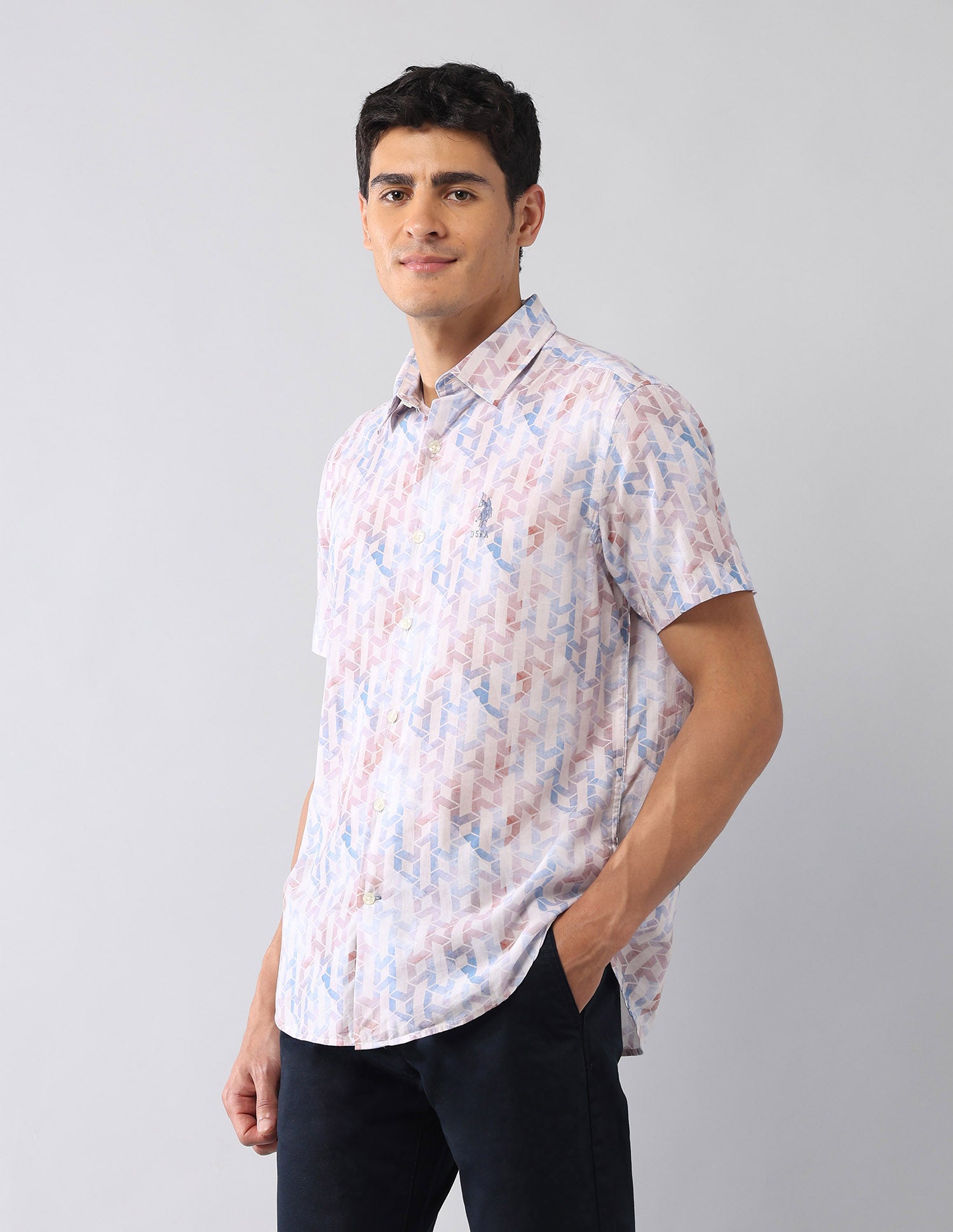 Geometric Printed Satin Regular Fit Shirt Blue - U.S. Polo Assn. India | Large