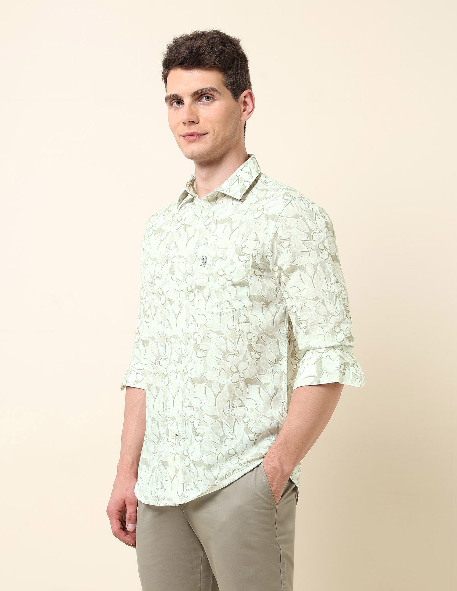Floral Printed Tailored Fit Shirt Light Olive - U.S. POLO ASSN. | Large