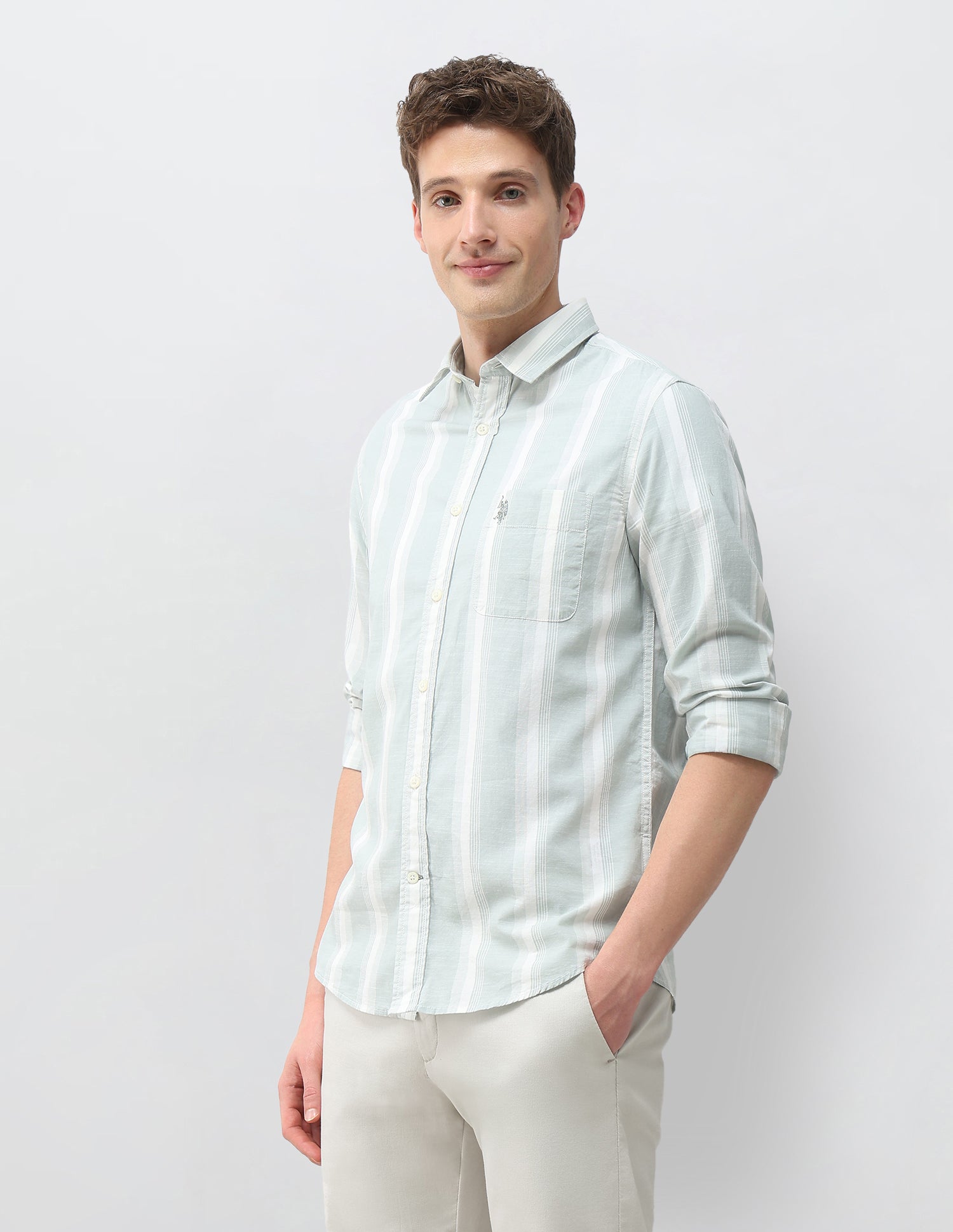 Vertical Striped Regular Fit Shirt Light Green - U.S. Polo Assn. India | Large