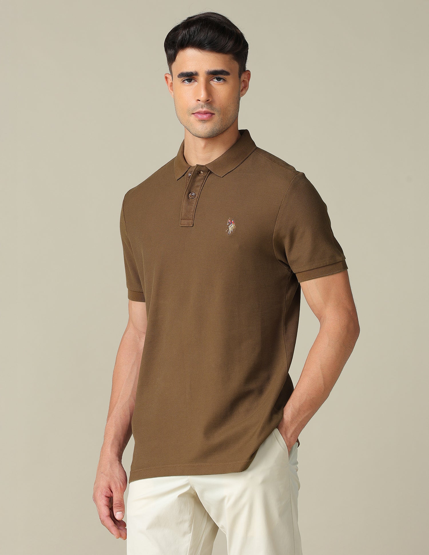 Pure Cotton Muscle Fit Polo Shirt Light Brown - U.S. POLO ASSN. | Large