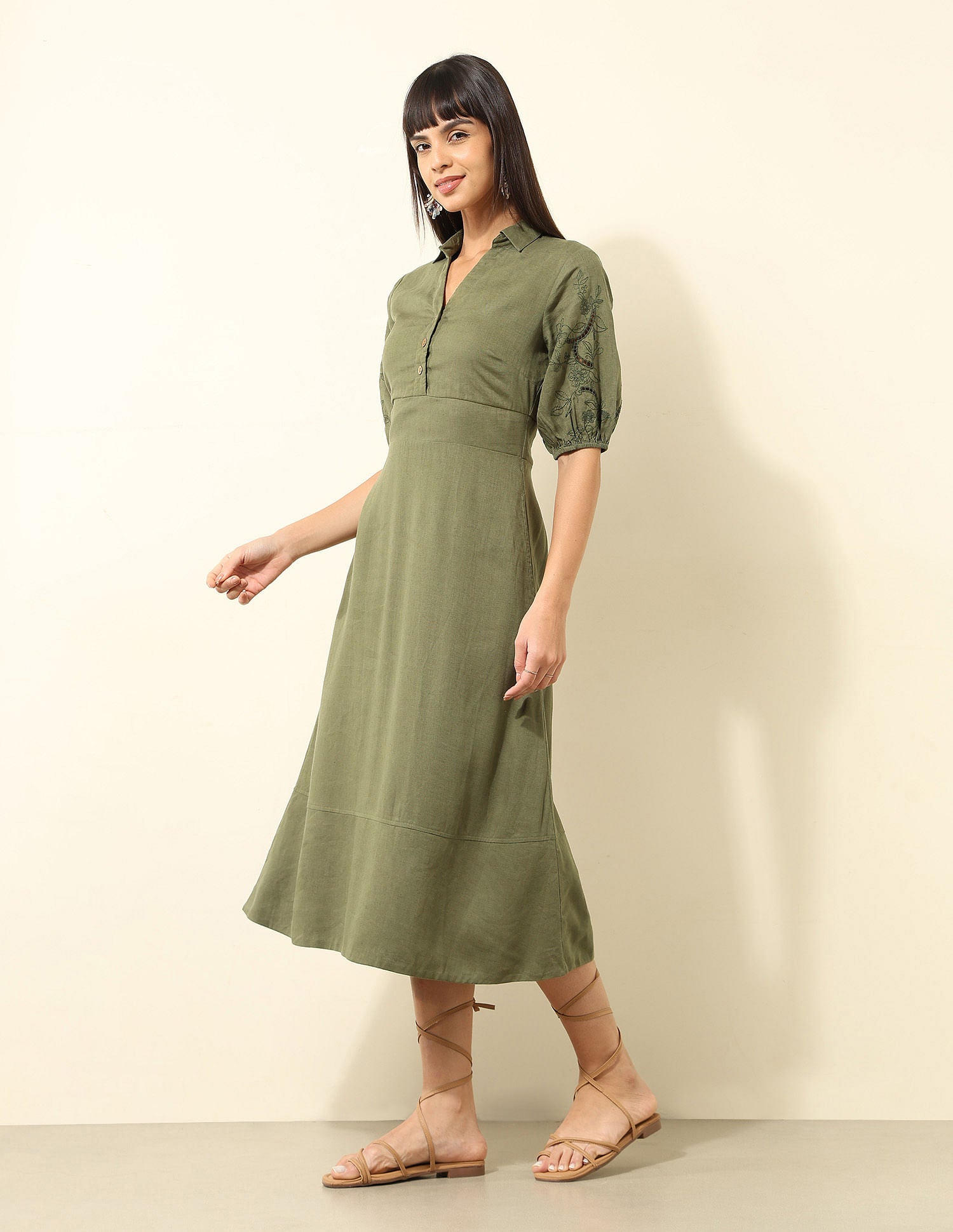 Viscose Linen A-Line Midi Dress Olive - U.S. Polo Assn. India | Large