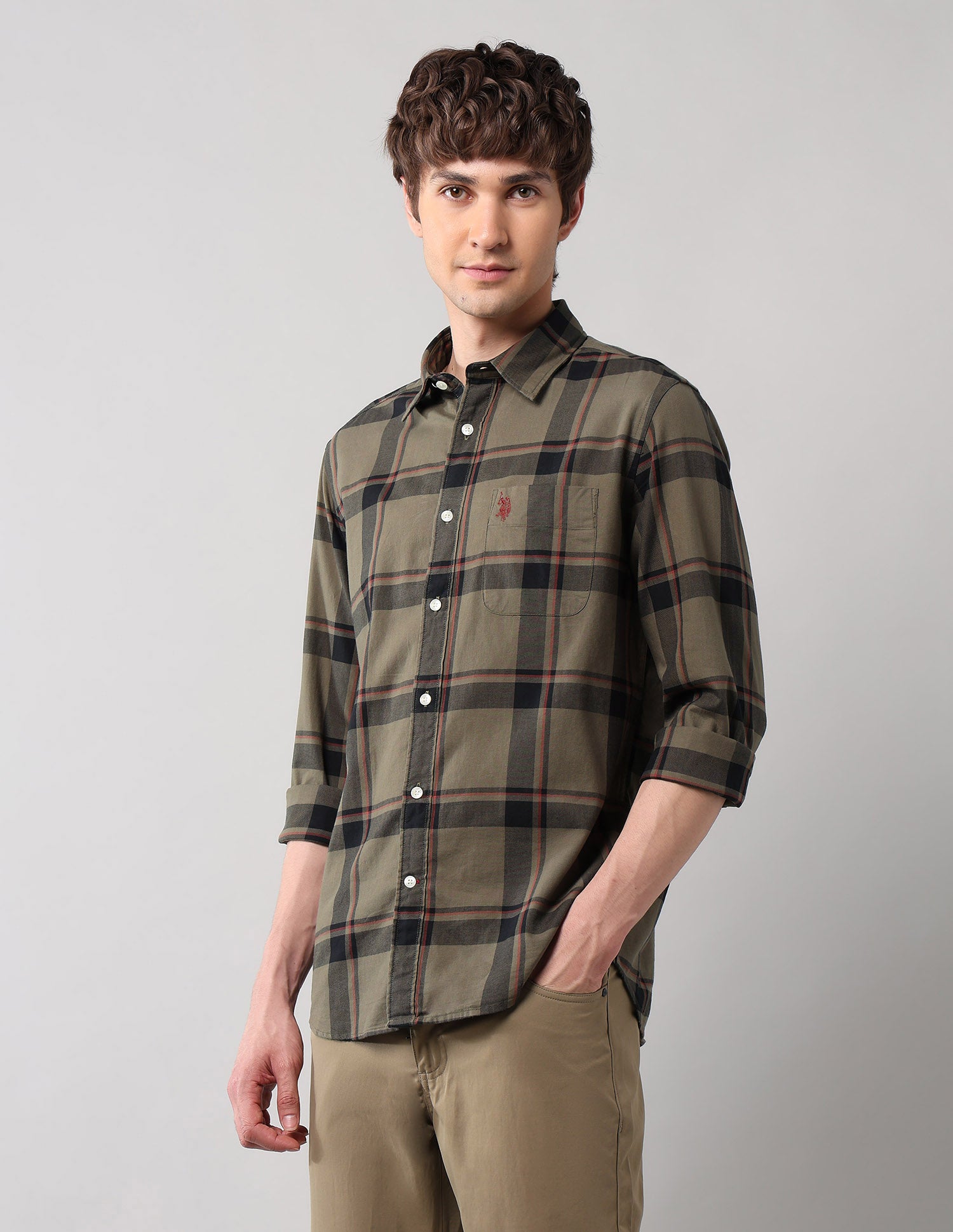 Grid Tattersall Checked Pure Cotton Shirt Khaki - U.S. POLO ASSN. | Large
