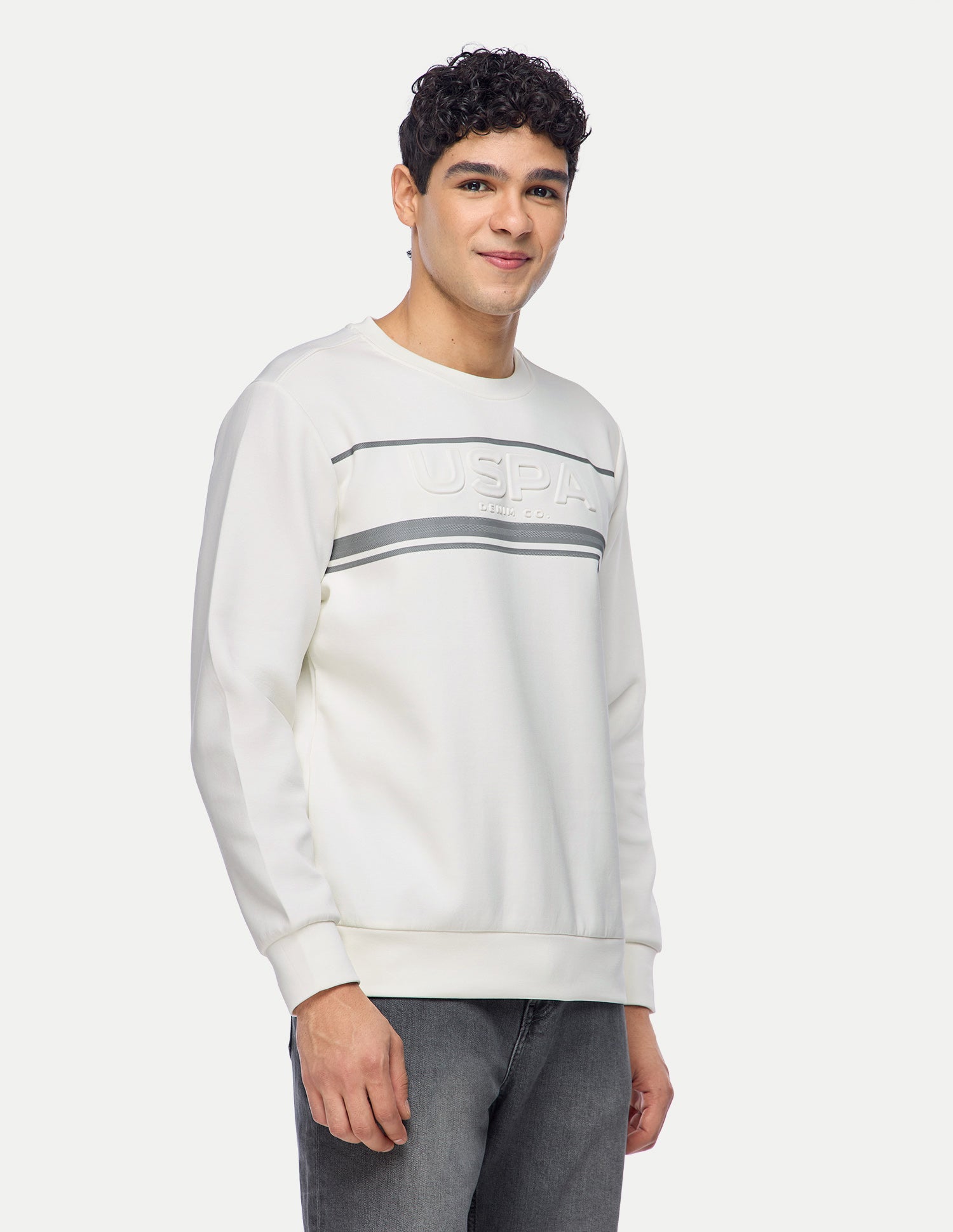 Brand Embossed Regular Fit Sweatshirt Ivory - U.S. Polo Assn. India | Large