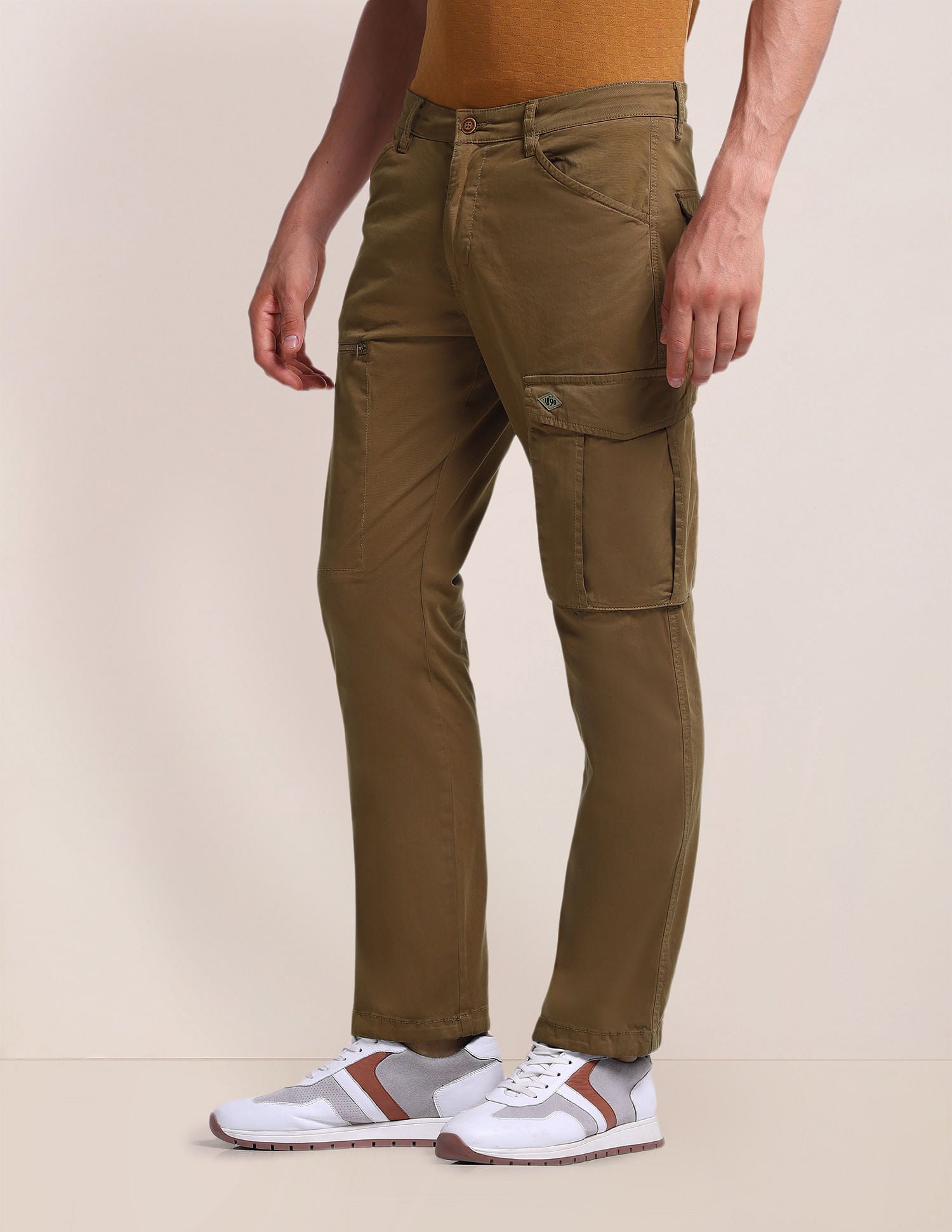 Slim Straight Fit Solid Cargo Pants Khaki - U.S. Polo Assn. India | Large