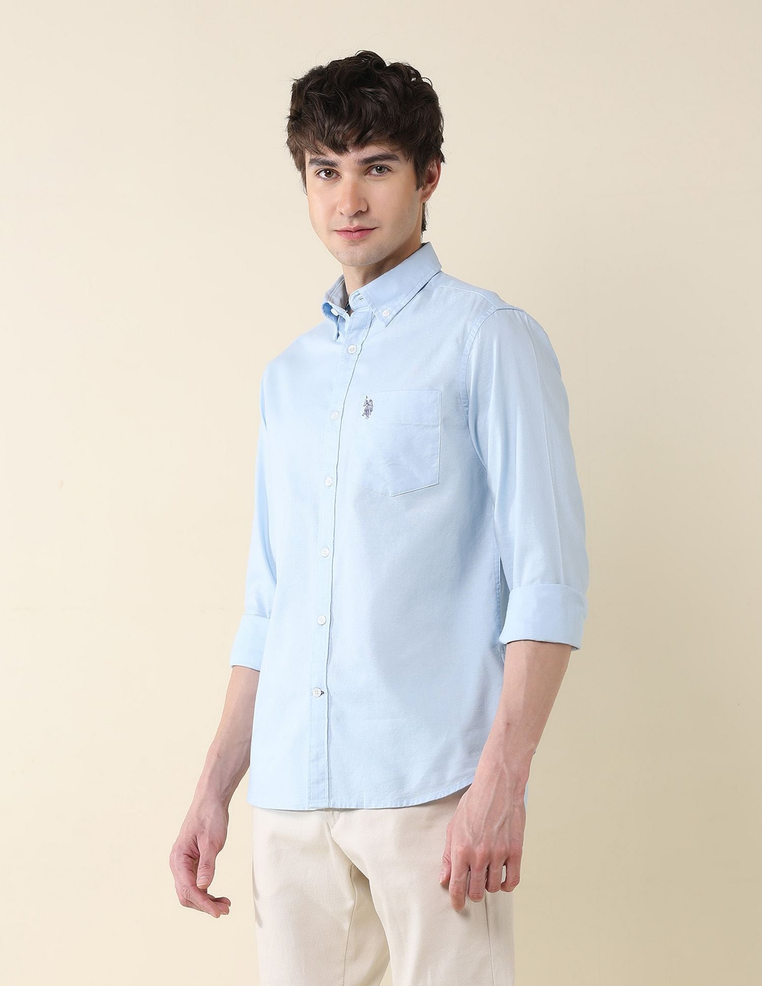 Solid Oxford Stretch Button Down Shirt Blue - U.S. Polo Assn. India | Large