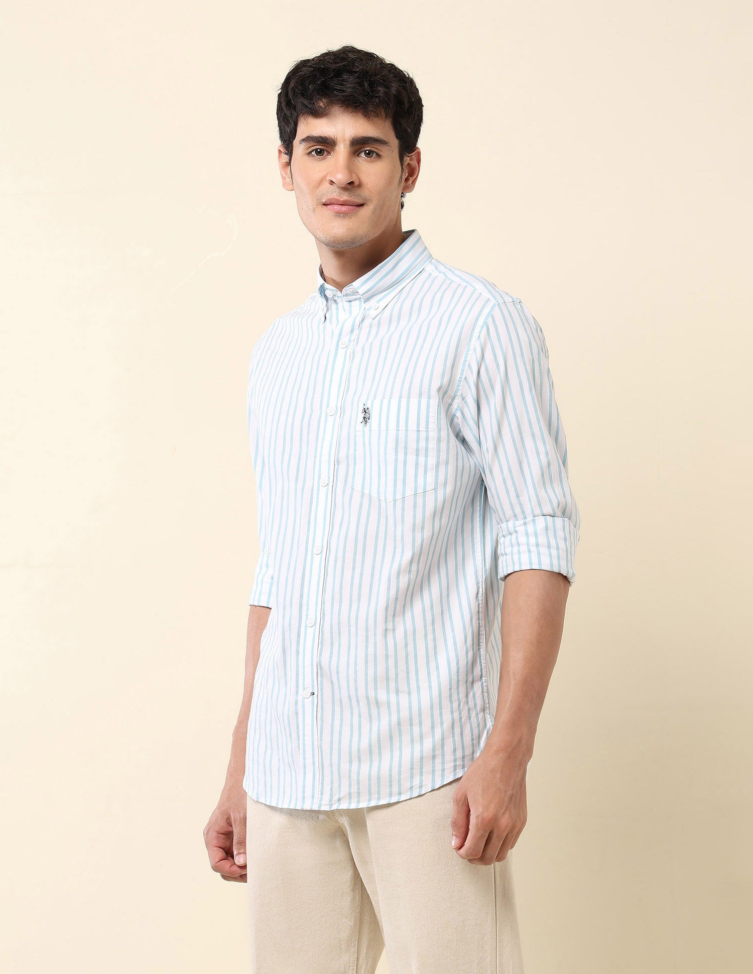 Vertical Striped Pure Cotton Shirt Aqua - U.S. Polo Assn. India | Large
