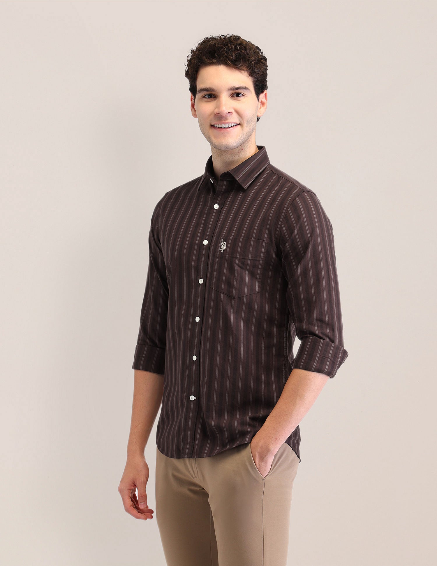 Tailored Fit Oxford Striped Shirt Dark Brown - U.S. POLO ASSN. | Large
