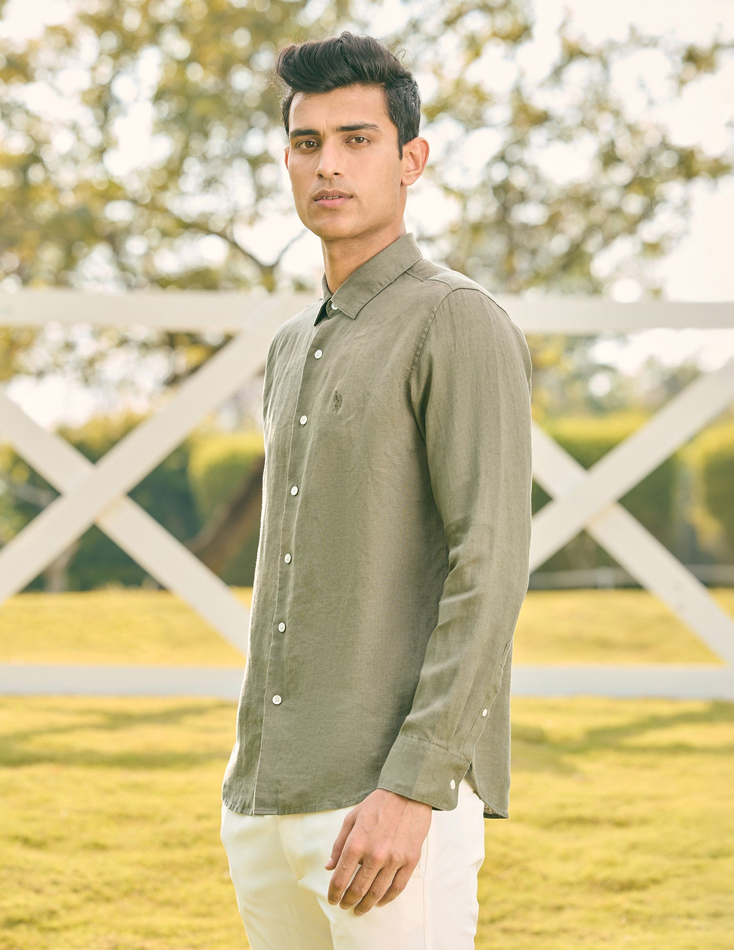 Pacho X Tailored Fit Pure Linen Shirt Olive - U.S. Polo Assn. India | Large