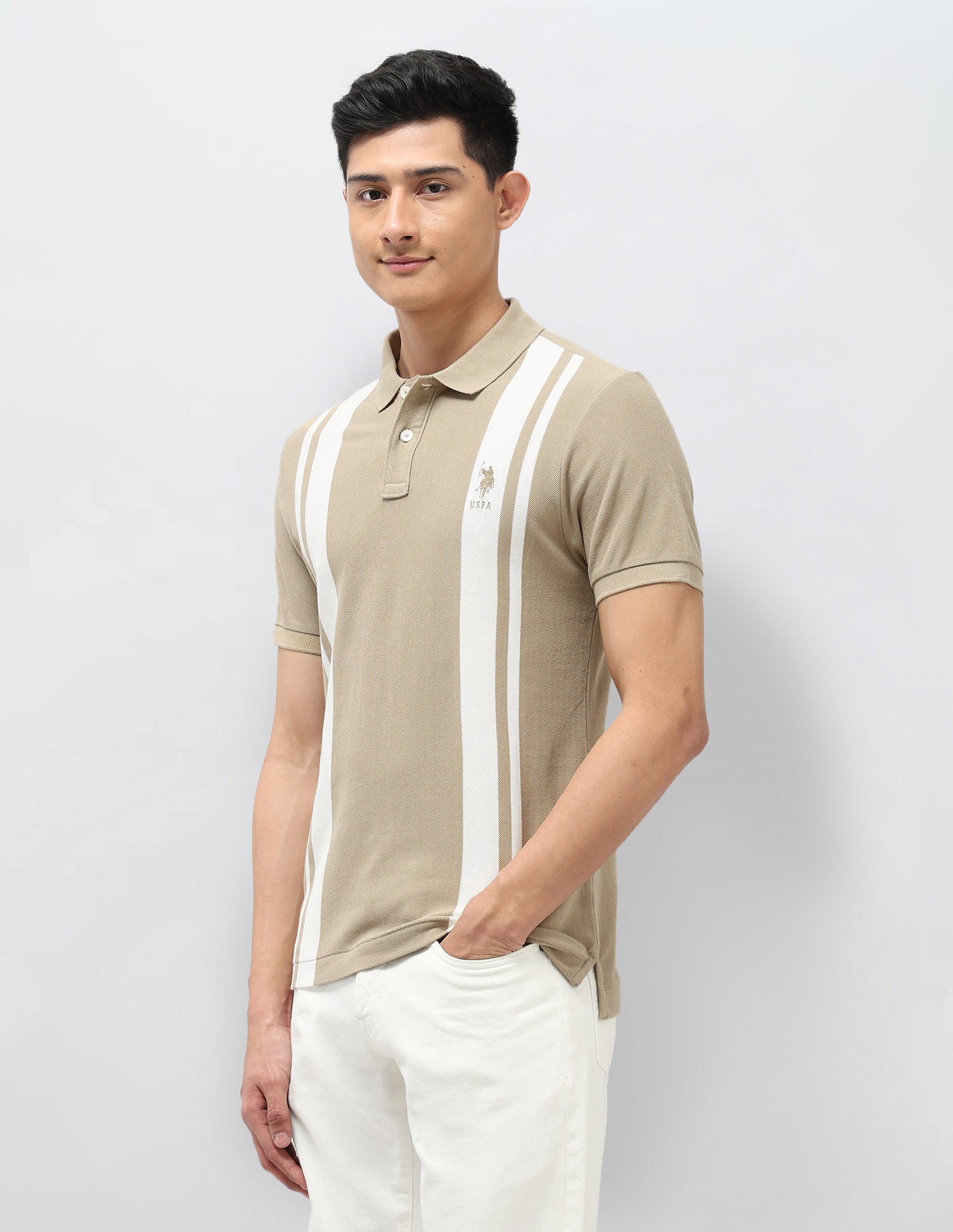 Vertical Striped Pure Cotton Polo Shirt Beige - U.S. Polo Assn. India | Large