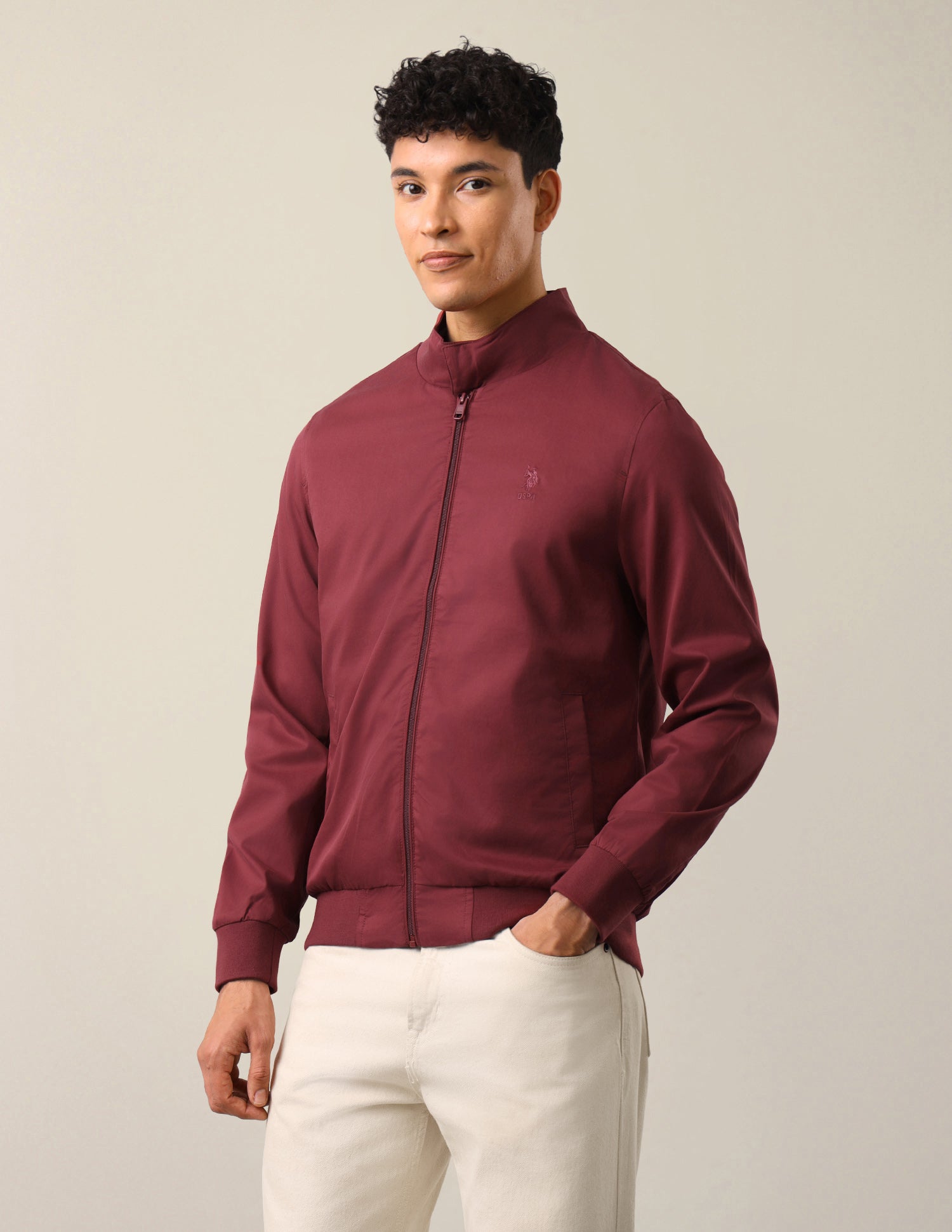 Solid Regular Fit Bomber Jacket Red - U.S. Polo Assn. India | Large