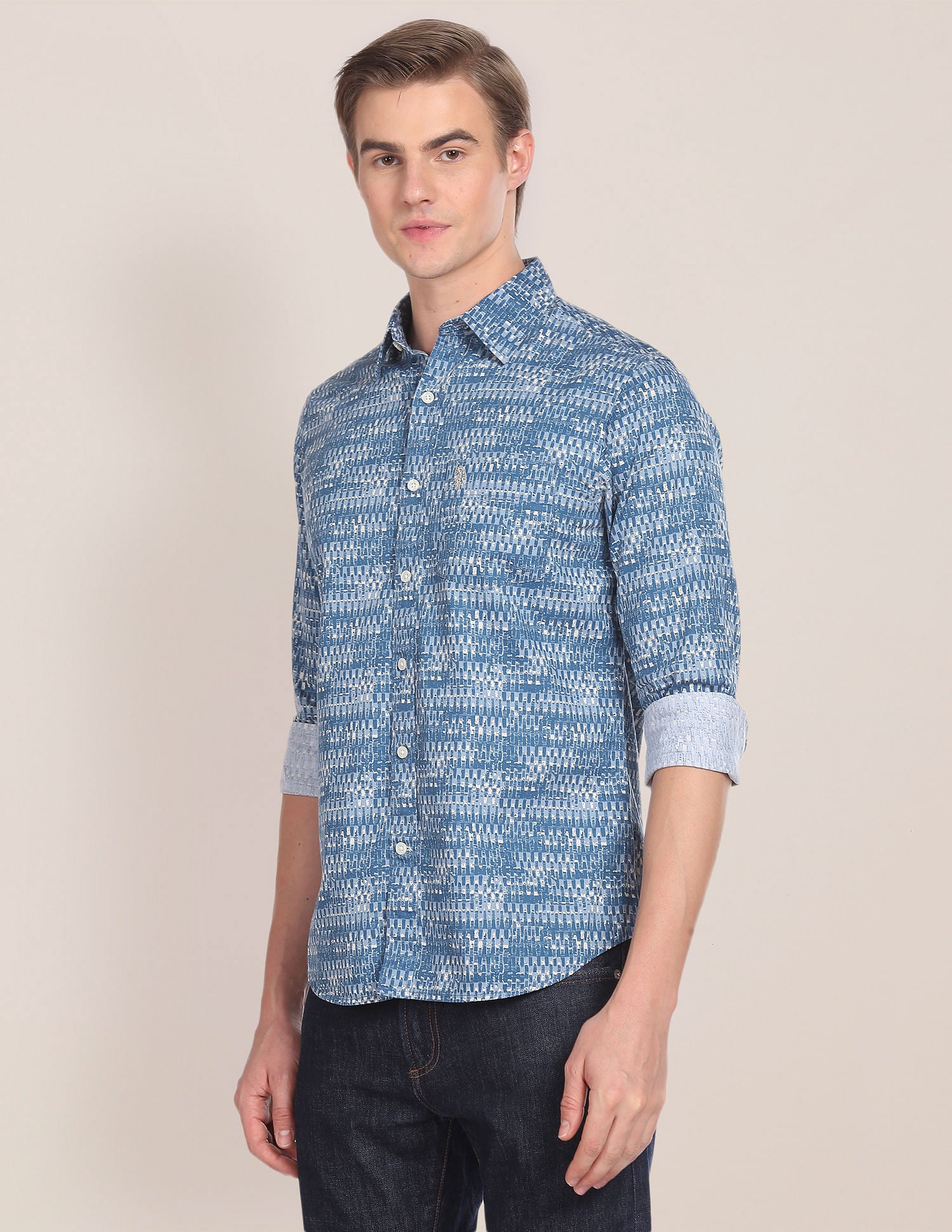 Spread Collar Abstract Print Shirt Teal - U.S. Polo Assn. India | Large