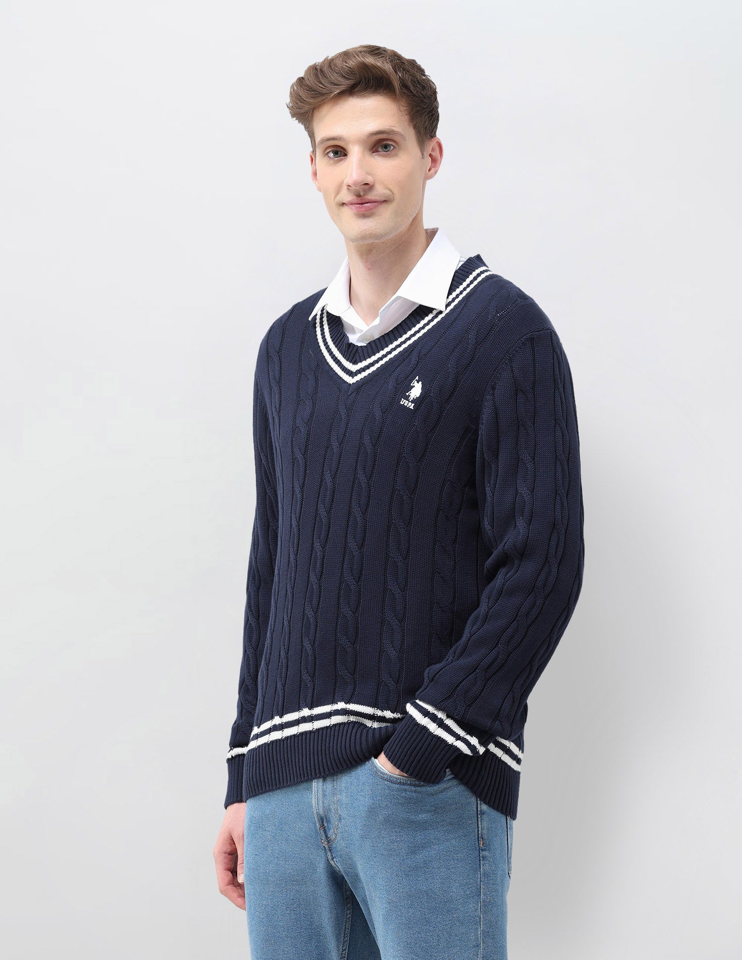 Patterned Cable Knit Regular Fit Sweater Navy - U.S. Polo Assn. India | Large