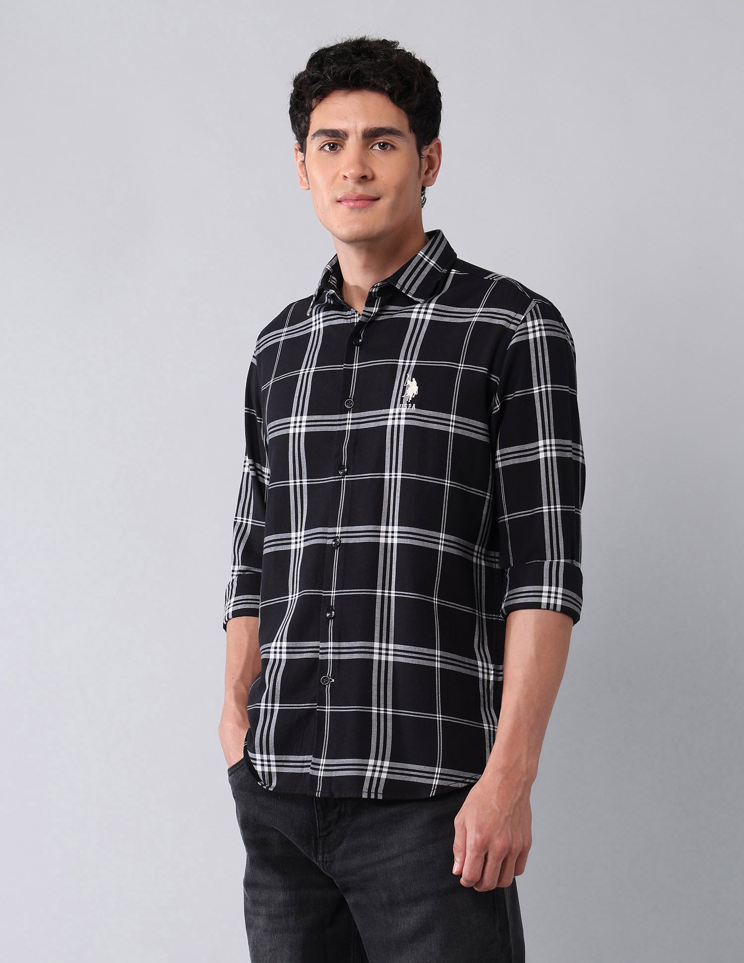 Grid Tattersall Checked Pure Cotton Shirt Black - U.S. Polo Assn. India | Large